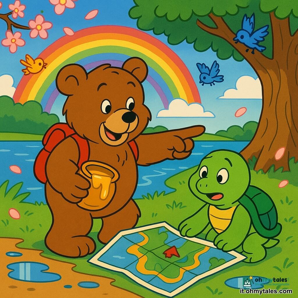 Bruno, un grande orso di peluche marrone dal pelo morbido, sorridente e con un piccolo zaino rosso, tiene una mappa aperta indicando la direzione e un vasetto di miele appiccicoso; Mia, una piccola tartaruga verde dal guscio rigato, appare sollevata e meravigliata mentre guarda la mappa vicino alle zampe di Bruno; sullo sfondo un lago calmo con riva erbosa, fiori di ciliegio rosa che volano, un grande quercia, un arcobaleno dopo la pioggia, pozzanghere che riflettono i colori e uccelli colorati; scena principale: Bruno aiuta Mia a ritrovare la sua casa al bordo del lago, sotto l'albero con la mappa aperta tra loro, atmosfera calda e avventurosa, colori saturi e contorni netti in stile cartone animato anni '90.