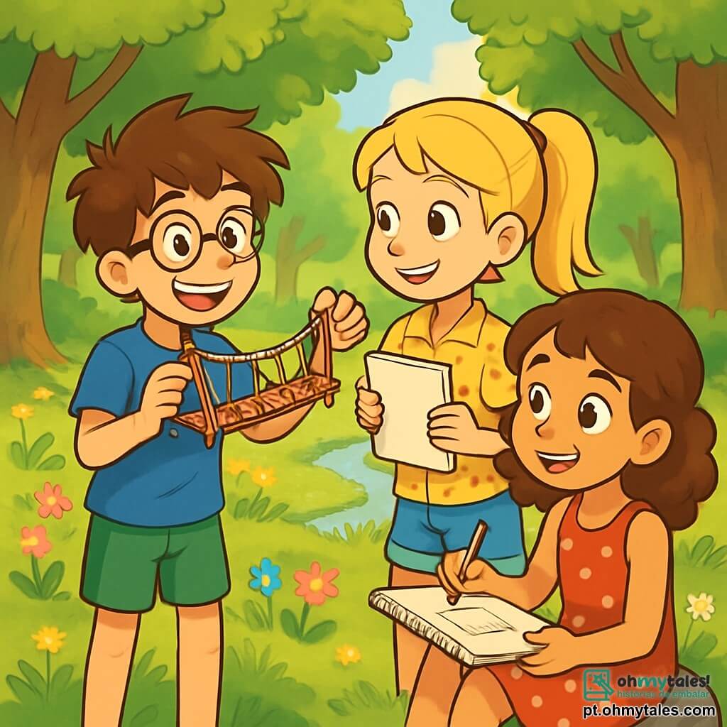 Há 3 personagens: - Lucas: um garoto de 10 anos, com cabelos castanhos bagunçados e óculos redondos. Ele usa uma camiseta azul e um short verde, e está mostrando um modelo de ponte de corda que fez, com um grande sorriso no rosto. - Sofia: uma menina de 9 anos, com cabelos longos e loiros, presos em um rabo de cavalo. Ela veste uma camisa de flores e um short jeans, olhando para Lucas com admiração, segurando um caderno de esboços. - Marta: uma menina de 10 anos, com cabelos cacheados e castanhos, vestindo um vestido vermelho com bolinhas brancas. Ela está sentada em uma pedra, desenhando Lucas e Sofia, com um olhar concentrado e alegre. O cenário é uma clareira verdejante, cercada por grandes árvores com folhas verdes brilhantes. O chão está coberto de flores coloridas, e uma luz suave do sol filtra através dos galhos, criando sombras dançantes no solo. Ao fundo, há um pequeno riacho que murmura suavemente, acrescentando um toque tranquilizador à atmosfera. A situação principal mostra Lucas, Sofia e Marta compartilhando uma atividade criativa em torno do modelo de ponte. Lucas explica entusiasticamente seu projeto, enquanto Sofia faz anotações e Marta desenha a cena. Os três amigos estão unidos por sua paixão por aprender e descobrir, ilustrando a beleza da neurodiversidade e da amizade.