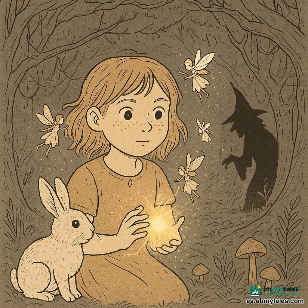 Una niña de 8 años, Luna, rostro redondo con pecas, ojos grandes y curiosos, expresión decidida y tierna; cabello rubio medio y enmarañado, sostiene una pequeña esfera de luz entre las manos y corta hilos dorados. A su lado hay un conejito blanco de orejas largas y pelaje texturizado, apoyado en las patas traseras mirando la esfera. Varias haditas diminutas, con alas y vestidos de pétalos y polvo brillante alrededor, flotan aliviadas sobre y alrededor de Luna. La bruja no aparece en primer plano, solo su sombra amenazante proyectada en un árbol detrás, con silueta encorvada y sombrero puntiagudo. El lugar es un claro forestal oscuro con árboles nudosos formando un arco, lianas y telas de araña de hilos dorados colgantes, setas y hierbas salvajes en el suelo. Situación: Luna, con valentía tranquila, libera a las hadas atrapadas en una telaraña de hilos dorados; la luz que crea disipa la penumbra y revela las texturas de la madera y las hojas.