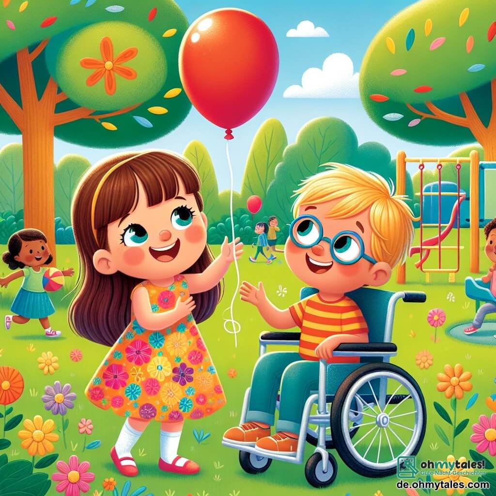 Ein 3-jähriges Mädchen namens Lena mit langen braunen Haaren und funkelnden Augen lächelt breit, während sie in einem sonnigen Park spielt. Sie trägt ein buntes Kleid mit Blumenmustern und hält einen roten Ballon in der Hand. Neben ihr sitzt Max, ein 4-jähriger Junge im Rollstuhl. Er hat blonde Haare und eine runde Brille, die ihm einen schelmischen Ausdruck verleiht. Max lacht, während er versucht, den Ballon zu fangen, den Lena ihm zuwirft. Der Park ist grün mit majestätischen Bäumen und bunten Blumen, die im Wind tanzen. Im Hintergrund sieht man eine Rutsche und Schaukeln, auf denen andere Kinder fröhlich spielen. Die Hauptsituation zeigt Lena und Max, die zusammen spielen, wobei Lena den Ballon zu Max wirft, der ihn mit einem großen Lächeln fangen will. Diese Szene verdeutlicht Freundschaft und die Freude am gemeinsamen Spiel und zeigt, dass eine Behinderung den Spaß und die Freundschaft nicht einschränkt.