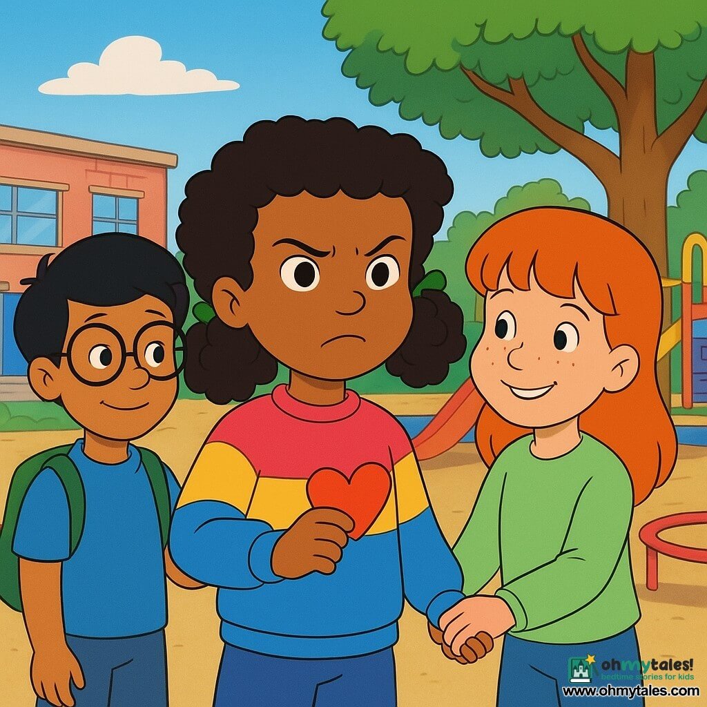 An 8-year-old girl named Maya, with thick curly hair adorned with two small braids tied with green ribbons, stands with a determined and brave expression. She wears a colorful sweater and holds a small paper heart in her hand. Next to her, Lila, an 8-year-old girl with freckles and red hair, smiles warmly and holds Maya's hand. Raj, an 8-year-old boy with glasses and black hair, stands on the other side of Maya, showing a supportive demeanor. They are all in the school playground, surrounded by colorful play equipment and a large tree in the center. The scene depicts a moment of solidarity and courage, where the children stand together, forming a circle of friendship and support.