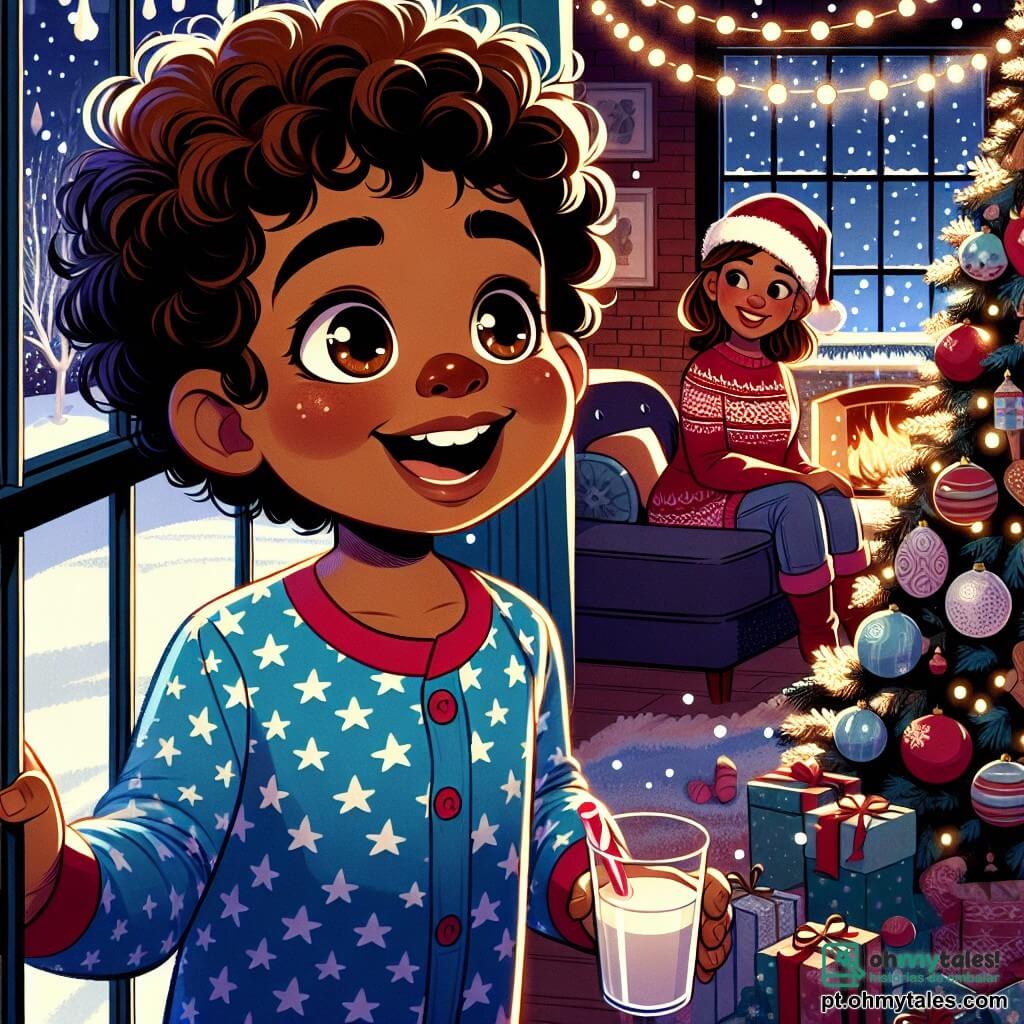 Um menino de 4 anos, Miguel, com cabelos castanhos e cacheados e olhos brilhantes de curiosidade, está diante de uma janela, maravilhado com a neve que cai. Ele veste um pijama azul com estampas de estrelas, e um grande sorriso ilumina seu rosto, expressando sua alegria e empolgação. Ao lado dele, sua mãe, uma mulher de cerca de 30 anos, com longos cabelos castanhos e um suéter vermelho festivo, o observa com ternura. Ela está sentada no sofá, cercada por decorações de Natal, e lhe pisca o olho, compartilhando esse momento mágico. A cena acontece em uma sala aconchegante, decorada com luzes cintilantes, uma majestosa árvore de Natal adornada com bolas coloridas e uma lareira onde crepita um fogo suave. Flocos de neve caem suavemente do lado de fora, criando uma atmosfera encantadora. Miguel, cheio de entusiasmo, se prepara para esperar o Papai Noel, com um copo de leite e um biscoito na mesa ao seu lado, enquanto sonha com a aventura mágica que o aguarda naquela noite.