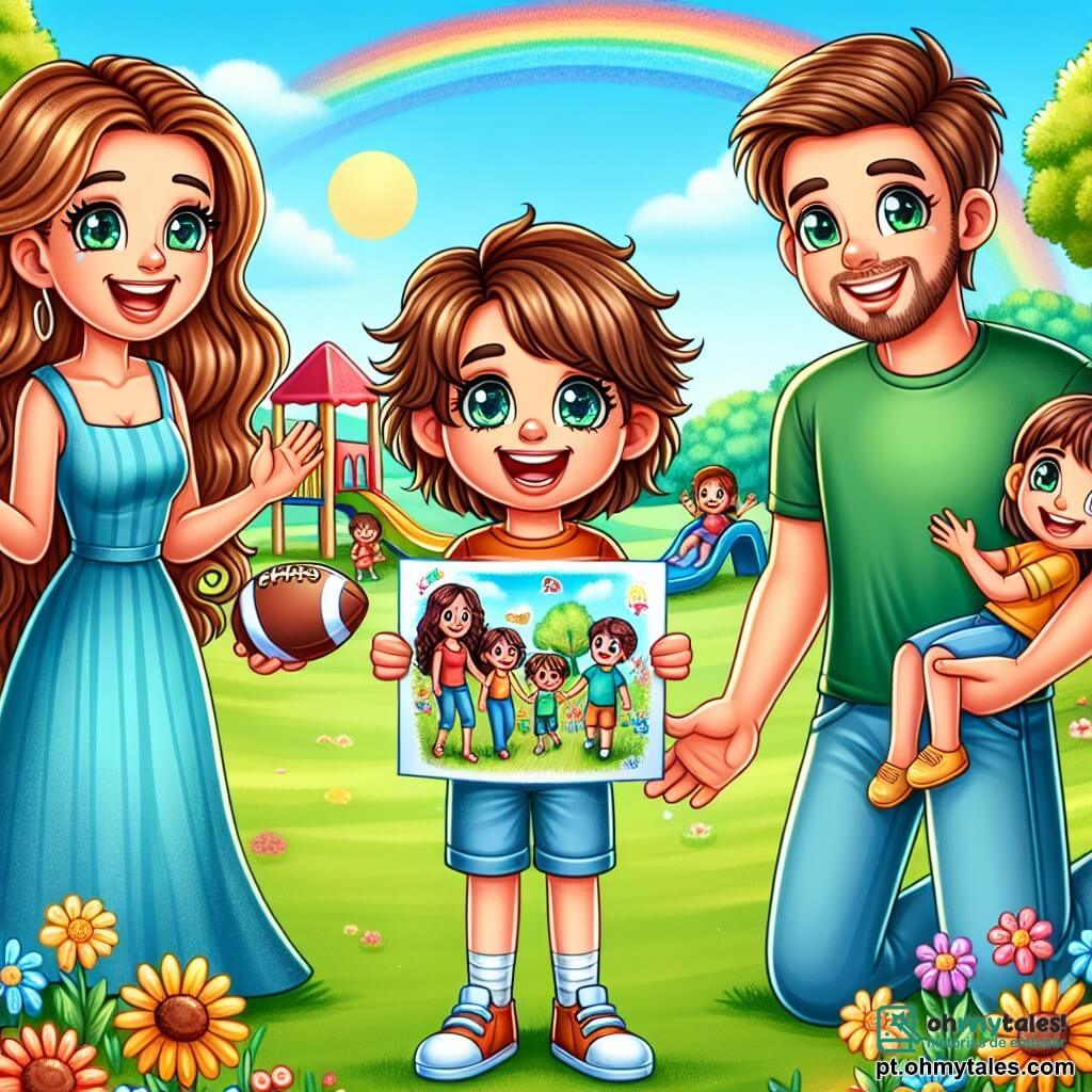Um menino de seis anos, chamado Pedro, com cabelos castanhos e olhos brilhantes, está no centro da imagem, sorrindo enquanto segura um desenho colorido que representa sua família. À sua direita, sua mãe, uma mulher na casa dos trinta anos com cabelos longos e cacheados, usa um vestido azul e olha para o filho com ternura, com os braços abertos como se fosse abraçá-lo. À sua esquerda, seu pai, um homem na casa dos trinta anos com cabelos curtos e uma barba leve, veste uma camiseta verde e sorri orgulhosamente segurando uma bola de futebol. O cenário acontece em um parque ensolarado, com árvores verdejantes, flores coloridas e um céu azul claro. Ao fundo, pode-se ver um escorregador e crianças brincando alegremente. A situação principal mostra Pedro, cercado por seus pais, felizes e unidos apesar da separação, ilustrando o amor e o apoio familiar.