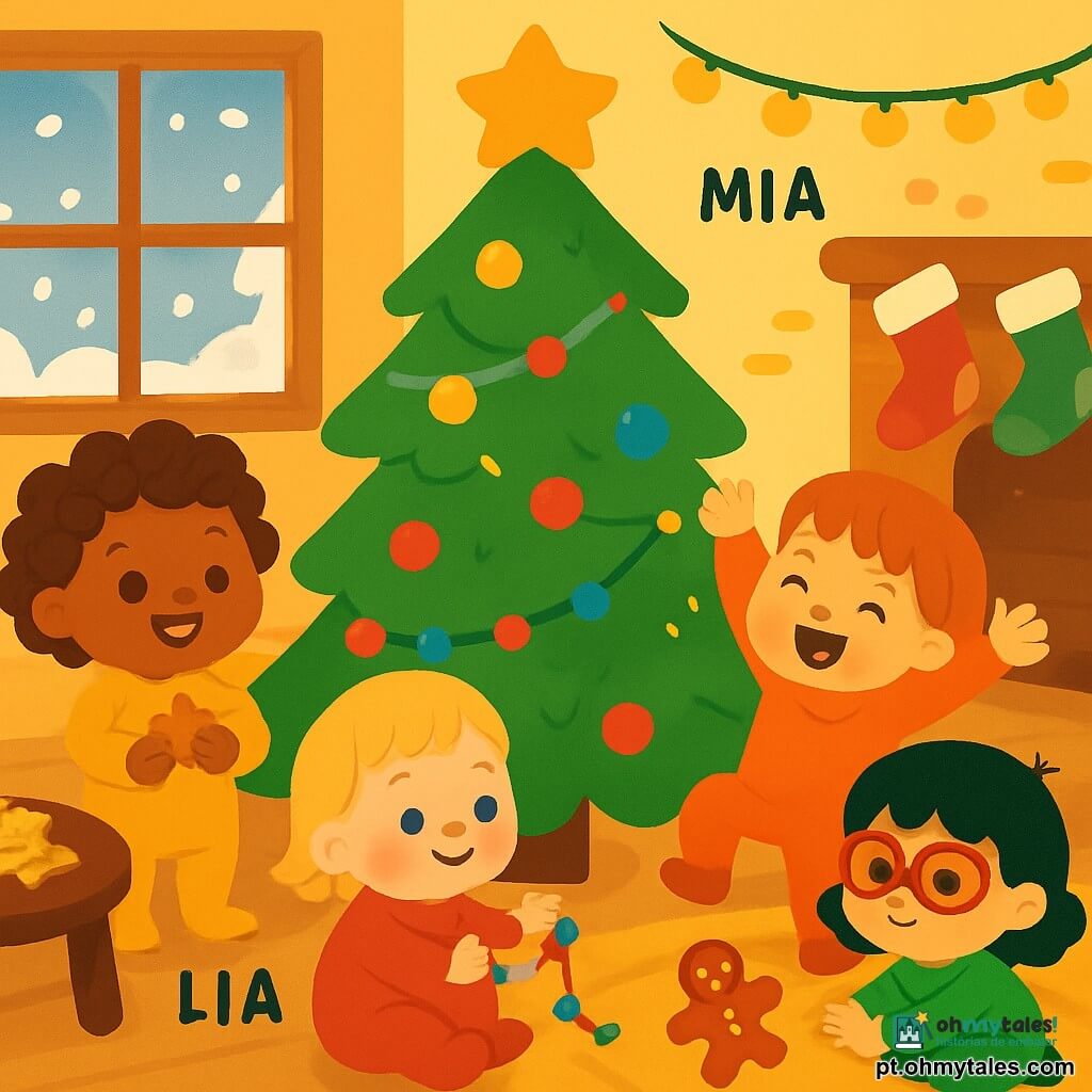 Há 4 crianças: Ana, uma menina de 1 ano com cabelos cacheados castanhos e um sorriso radiante, está em pé segurando uma pequena estrela dourada. Lia, também de 1 ano, com cabelos lisos loiros e bochechas rosadas, está sentada perto da árvore de Natal, decorando um galho com uma guirlanda colorida. Mia, com cabelos ruivos e olhos brilhantes, pula de alegria com os braços levantados na frente da árvore. Sol, com cabelos negros e óculos em forma de coração, está agachada brincando com um pequeno boneco de gengibre no tapete. O ambiente é uma casa acolhedora decorada para o Natal, com uma grande árvore iluminada no centro, guirlandas brilhantes nas paredes e flocos de neve caindo suavemente do lado de fora. Meias coloridas estão penduradas na lareira e biscoitos em forma de estrelas estão sobre uma mesa de madeira. As quatro meninas decoram a árvore de Natal, rindo e brincando juntas, criando uma atmosfera alegre e mágica.