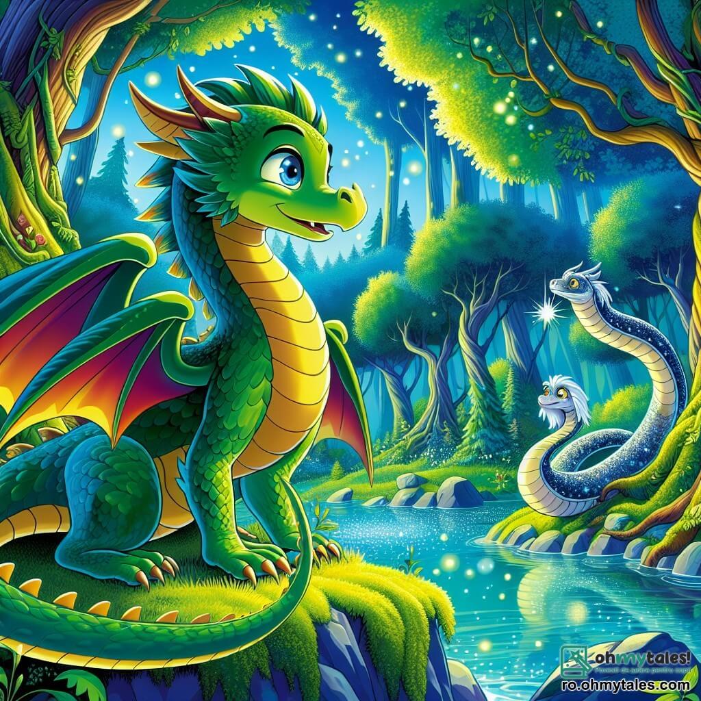 Un tânăr dragon numit Nari, cu solzi verzi strălucitori și ochi plini de curiozitate, stă pe marginea unui lac magic, cu aripile mari desfăcute în spate. Are o expresie hotărâtă, pregătit să descopere secretul pietrei timpului. Aproape, un bătrân șarpe argintiu, cu solzi strălucitori și ochi înțelepți, îl observă pe Nari cu un zâmbet binevoitor, așezat pe o piatră acoperită de mușchi, ca și cum ar fi acolo pentru a-l ghida pe dragon în căutarea sa. Decorul este o pădure fermecată, unde copaci majestuoși cu trunchiuri groase se ridică spre cer, frunzele verzi strălucitoare filtrând lumina soarelui, creând modele dansante pe sol. Lacul, de un albastru cristalin, reflectă culorile vii ale naturii înconjurătoare, adăugând o notă de magie scenei. Nari, hotărât să înțeleagă misterul pietrei timpului, se apleacă spre apele strălucitoare, pregătit să se avânte în aventura care îl așteaptă.