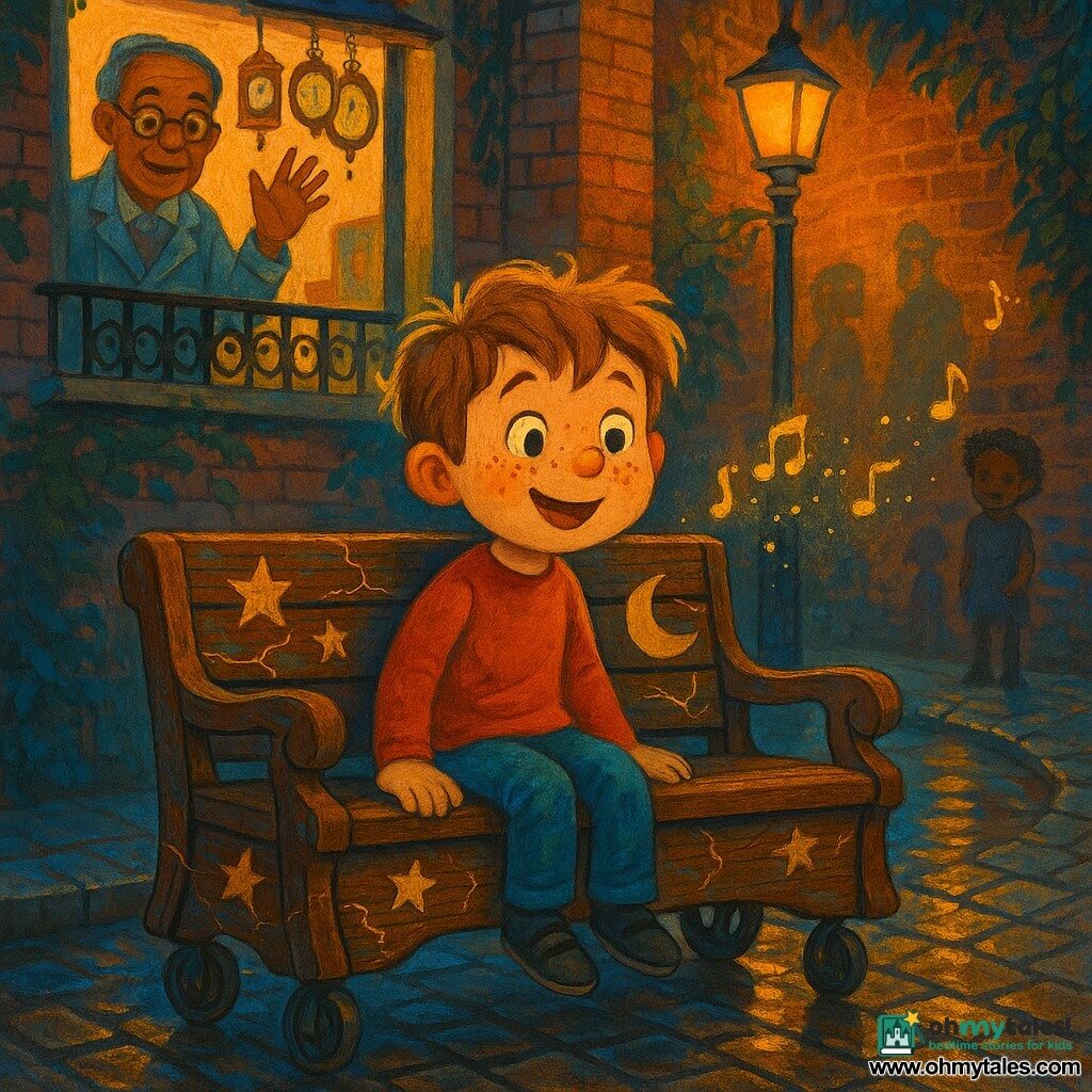 A 6-year-old boy with tousled light-brown hair, big curious eyes and freckles sits smiling on a carved dark wooden bench humming a tune as his hands rest on star-and-moon motifs; the antique bench seems alive—tilted as if breathing, with fine golden cracks, rolling on iron casters under warm lamplight—while a 60-year-old clockmaker in a dusty coat, gray hair and round glasses waves from the shop window; the narrow cobbled alley at dusk, with wet shiny stones, vine-covered brick walls and a clock-shop balcony of hanging clocks, awakens as musical notes appear as glowing threads and blurred silhouetted memories on the walls, creating a magical, warm atmosphere.