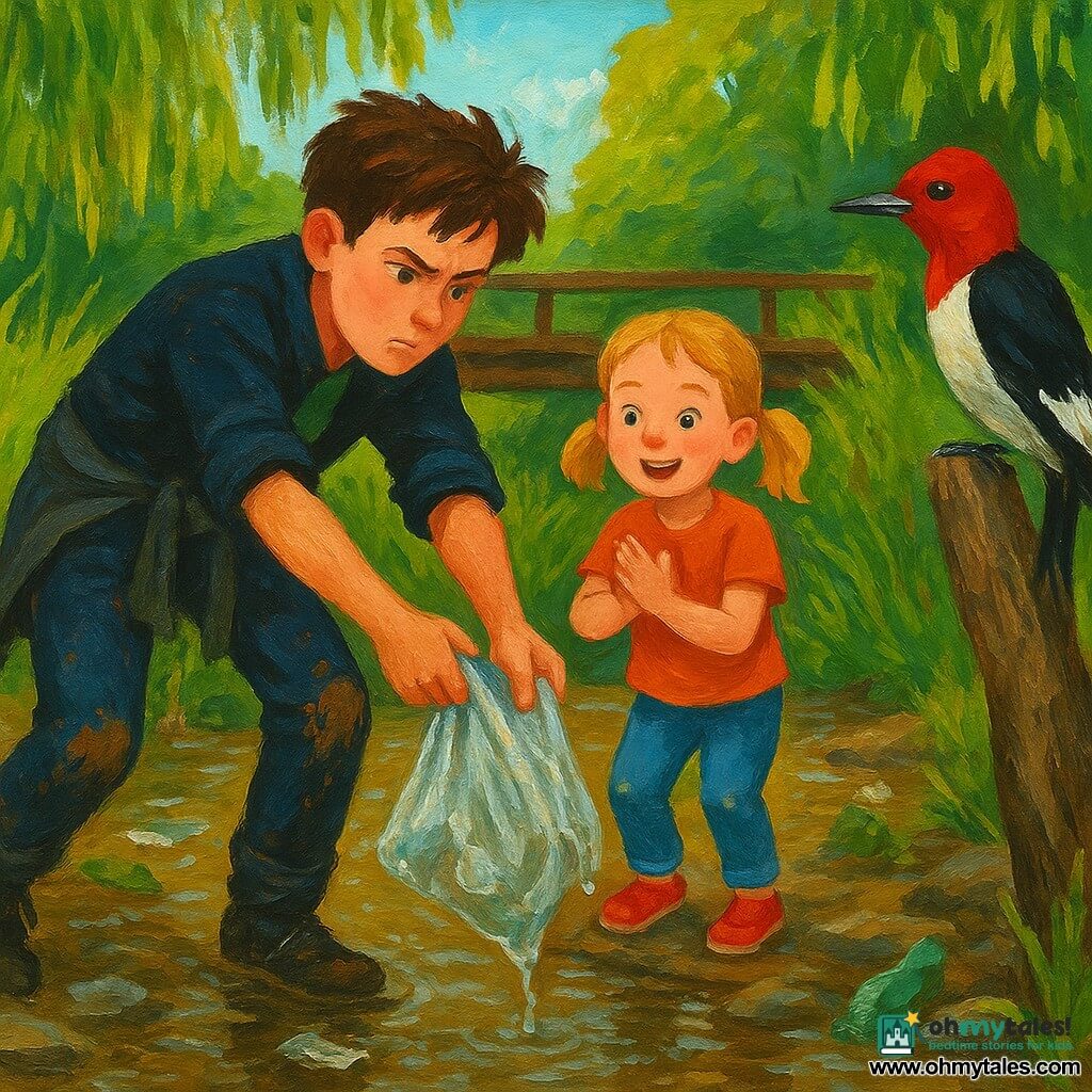 A 12-year-old boy, Milo, focused and determined with messy brown hair and a jacket tied at his waist, rolls up his sleeves to reach a plastic bag trapped in the reeds of a neighborhood stream, mud on his kneepads; his 6-year-old sister Tessa, with blonde pigtails, stands on the path holding a stick and clapping softly, a red-headed woodpecker perches on a nearby trunk watching, the stream lined with willows and tall grass, brown water and slippery stones, scattered litter and a red ribbon on a distant wooden bridge — a warm late-morning scene of the boy rescuing the bag while his sister encourages him, evoking hope and camaraderie.