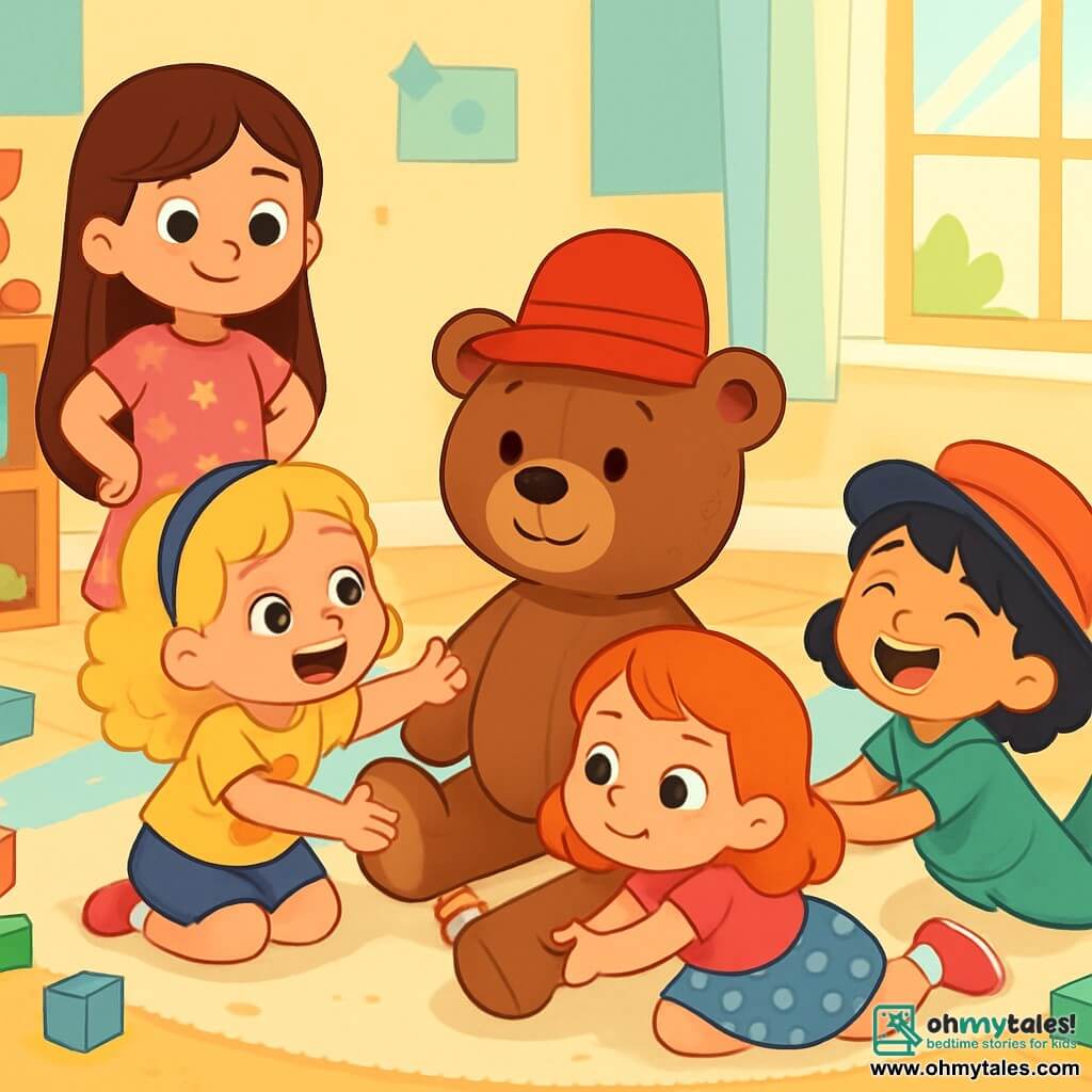 There are 4 children: Mia, a 5-year-old girl with long brown hair wearing a pink dress with stars, stands with her hands on her hips and a protective smile. Ruby, also 5, has curly blonde hair and wears a yellow t-shirt with a cat design. She is crouching, reaching for a large teddy bear, Mr. Fluffypaws. Ellie, another 5-year-old, has red hair and wears a blue polka dot skirt. She sits on the carpet, gently pulling the bear's paw with a determined look. Zoe, the last 5-year-old, has black hair and wears a green jumpsuit. She lies on the carpet, laughing with a red hat on her head, imitating Mr. Fluffypaws. The scene takes place in a bright playroom with a large soft carpet and pastel-colored walls, filled with scattered toys, including colorful blocks, stuffed animals, and shiny-covered books. Sunlight streams through a large window, creating a joyful and warm atmosphere. The main situation shows the sisters playing together, laughing and sharing hugs with Mr. Fluffypaws, enjoying a cheerful hat parade, each wearing a fun accessory while dancing and singing, creating an atmosphere of happiness and camaraderie.