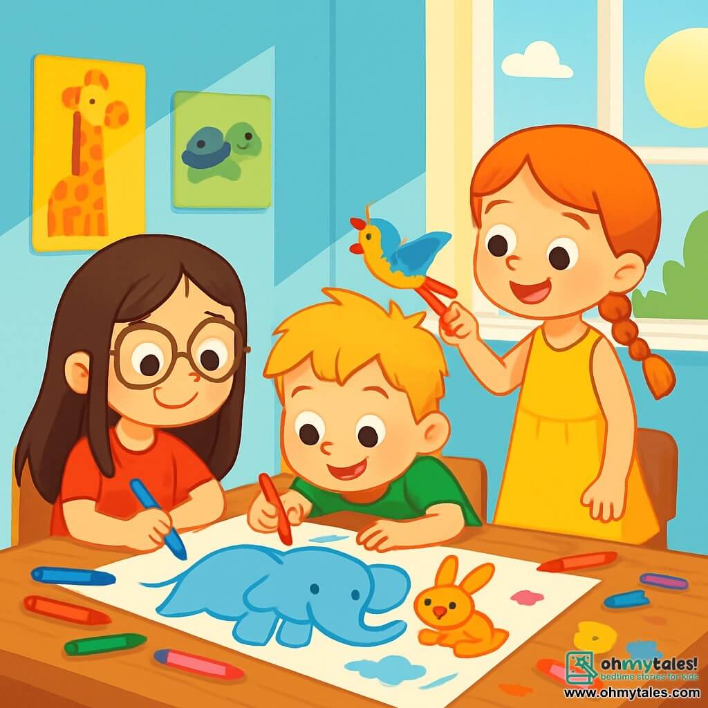 There are three characters: Mia, a 7-year-old girl with long brown hair and round glasses, sitting at a table holding a blue crayon and drawing a large smiling elephant; Jack, a 6-year-old boy with messy blonde hair and a green t-shirt, next to Mia, drawing a small rabbit on paper; and Lily, a 7-year-old girl with braided red hair and a yellow dress, standing behind the table, drawing a colorful bird flying in the sky. The setting is a bright classroom with light blue walls and sunny windows. Colorful animal posters decorate the walls, and crayons and papers are scattered on the wooden table. The main scene shows the three friends working together on a large poster, surrounded by colored crayons and stickers, happily sharing ideas and creating a vibrant piece of art.