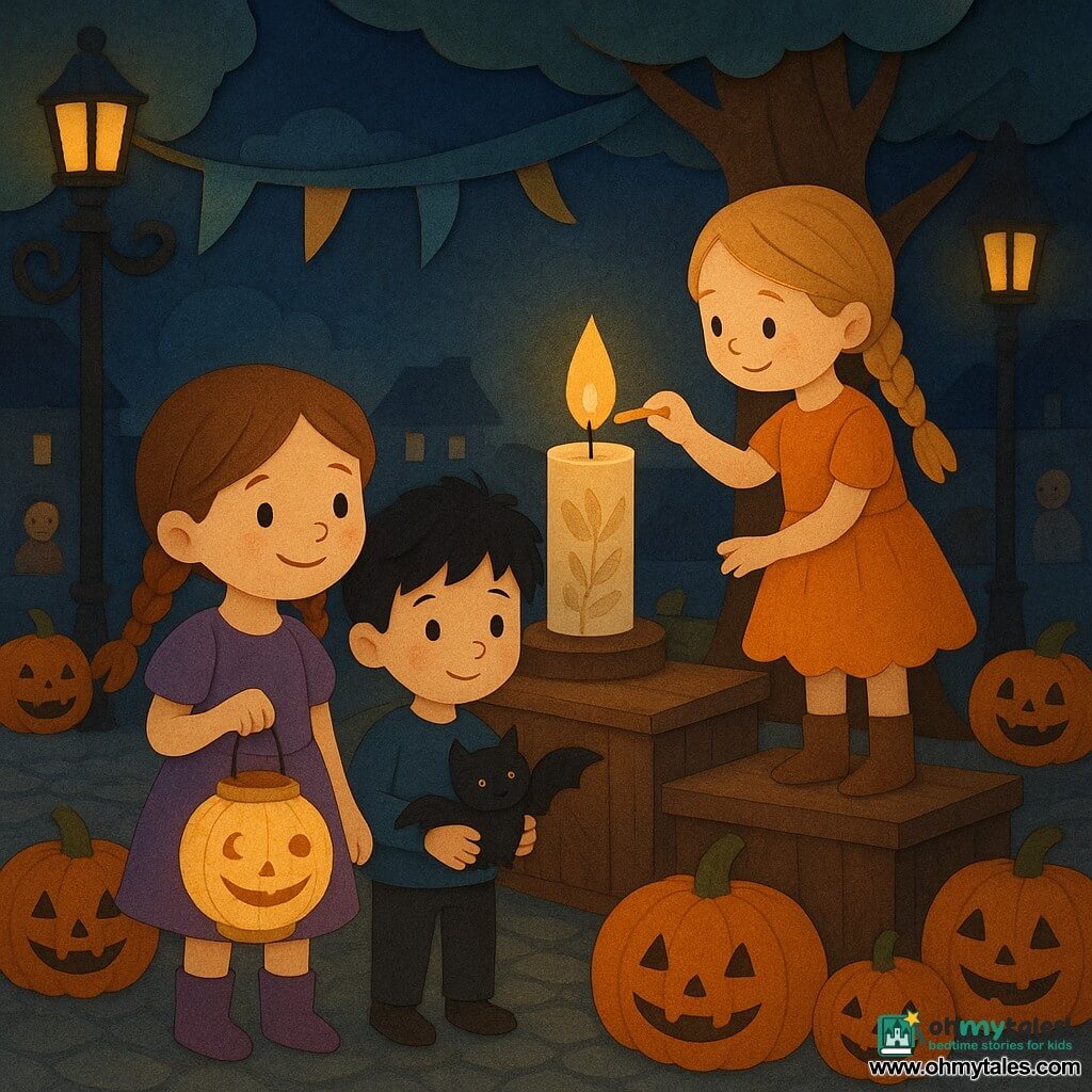 A festive, calm nighttime village square: a round‑faced 6‑year‑old girl with freckles, brown pigtails, a purple dress and boots holds a painted paper lantern of smiling moons; beside her Leo, a shy‑then‑reassured ~6‑year‑old boy with tousled black hair and a small toy bat under his arm (and a tiny friendly bat perched on his shoulder), watches the lantern; a ~7‑year‑old girl in a pumpkin dress with a blonde braid stands on a small wooden platform and lights a match to a large carved‑leaf candle; cobblestone streets, wrought‑iron lampposts, carved pumpkins along the path, colorful ribbon garlands, and a big oak with the platform form the scene as the children light the central candle, casting warm soft light and long comforting shadows, with moon‑shaped cookies on a nearby table and smiling neighbors in the background.