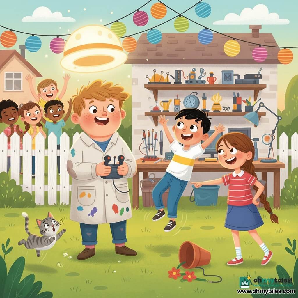 A boy, Max, about 13, round-faced with freckles and messy light brown hair, enthusiastic and confident, wearing a paint-stained inventor's smock, holds the joystick of the floating round glowing "Hovering Hat 2.0" which stabilizes him; a boy, Sam, about 12, short black hair and wide-eyed with wonder, floats slightly with the hat, laughing with hands raised; a girl, Lily, about 12, with a long brown braid, hands on her hips and a mischievous smile, points toward the joystick; Whiskers the small gray tabby cat jumps up surprised near a knocked-over flowerpot in the foreground; the scene is a suburban backyard in late afternoon—green lawn, white fence, colorful lantern garlands, workshop shelves and a table strewn with tools and tinkered objects—with neighbors and an adult applauding in the background, joyful atmosphere, fluid motion, bright colors and simple shapes.