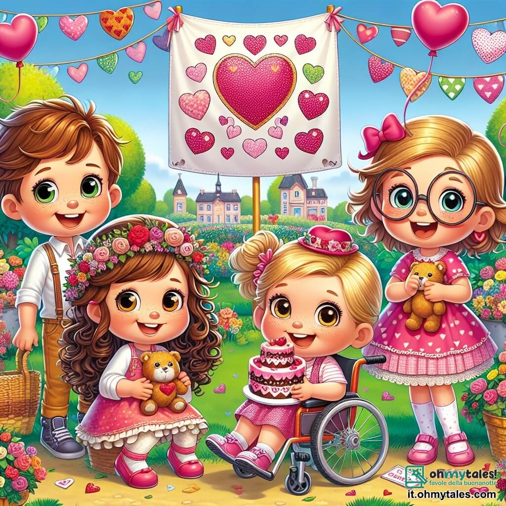 In un parco soleggiato, quattro bambini si sono riuniti per festeggiare una festa di San Valentino. Sofia, una ragazza di sette anni con lunghi capelli ricci e un grande sorriso, indossa un cappello a forma di cuore e tiene un grande cartello decorato con cuori. Giulia, anch'essa di sette anni, ha capelli castani e occhiali rotondi; si trova a destra di Sofia, ridendo mentre tiene un piccolo gatto di peluche. Marta, a sinistra di Sofia, è seduta nella sua carrozzina, ha capelli biondi e indossa un abito colorato, sorridendo mentre tiene un indizio della caccia al tesoro. Anna, la più piccola con i suoi sei anni, è davanti a Sofia, con le guance piene di torta; ha capelli corti e indossa un vestito rosa, tenendo un grande pezzo di torta a forma di cuore. Il parco è pieno di fiori colorati, alberi verdi e palloncini a forma di cuore. Un grande pannello decorato con cuori rossi e rosa è installato dietro di loro, e una tavola piena di dolci è visibile accanto. I bambini ridono e si divertono insieme, celebrando la loro amicizia con una grande caccia al tesoro, dove ogni indizio è un cuore con un messaggio sull'amicizia.