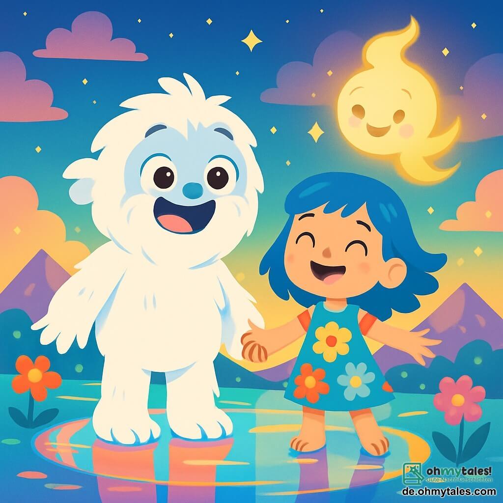Ein kleiner Yeti mit weichem, schneebedecktem Fell und großen, glänzenden Augen drückt Freude und Staunen aus. Er steht auf einem großen, funkelnden Spiegel, seine breiten, flauschigen Pfoten spiegeln sich in schillernden Farben. Neben ihm steht ein 8-jähriges Mädchen, Mili, mit strahlend blauen Haaren, das breit lächelt und die Arme ausbreitet, als würde sie die Welt zu ihrer Feier einladen. Sie trägt ein buntes Kleid mit Blumenmustern. Im Hintergrund schwebt ein leuchtender Geist namens Luma, der ein sanftes goldenes Licht ausstrahlt, während seine nebligen Konturen in der Luft tanzen. Der Ort ist eine magische Insel, deren Boden mit glänzenden Spiegeln bedeckt ist, die einen sternenklaren Himmel reflektieren, der mit rosa und lila Wolken durchzogen ist. Bunte Blumen tanzen um sie herum, und funkelnde Berge erheben sich in der Ferne, getaucht in goldenes Licht. Die Hauptsituation zeigt den Yeti und Mili, Hand in Hand, wie sie ihre Freundschaft feiern, umgeben von Lachen und Magie, während die Spiegel um sie herum singen und funkeln und eine Atmosphäre von Freude und Harmonie schaffen.