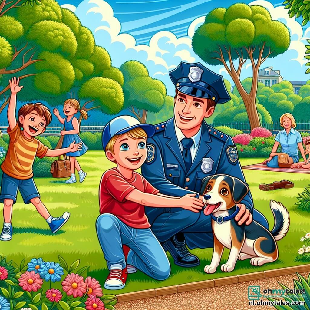 Een politieagent, een man van rond de dertig, met een glimlach en zelfvertrouwen, draagt een blauwe uniform met een pet. Hij heeft bruin haar en vriendelijke ogen. Hij zit op zijn hurken en houdt een blije hond in zijn armen, met een opluchting op zijn gezicht. Naast hem staat een tienjarige jongen, Tim, met blond haar en stralende ogen, in een rood t-shirt en een korte broek. Hij aait zijn hond met een grote glimlach, blij dat hij zijn maatje heeft teruggevonden. De scène speelt zich af in een groen park met loofbomen, kleurrijke bloemen en een grindpad. In de verte spelen kinderen en zijn gezinnen aan het picknicken op het gras. De hoofdscène toont de politieagent en Tim die de hereniging van Bobby, de hond, vieren, omringd door gelach en blijdschap, wat de geest van kameraadschap en samenwerking in de gemeenschap illustreert.
