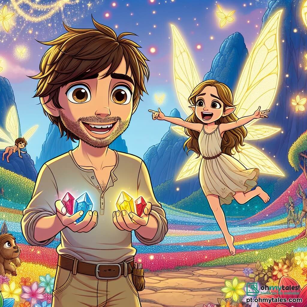 No centro da imagem, Miguel, um homem de cerca de trinta anos, com cabelos castanhos bagunçados e olhos brilhantes de curiosidade, está em pé, com um sorriso maravilhado no rosto. Ele veste uma camisa simples e calças de lona, segurando em suas mãos três gemas brilhantes que emitem luzes radiosas. À sua direita, Lúcia, uma delicada fada de cerca de 20 anos, com longos cabelos dourados e asas cintilantes, voa alegremente ao seu redor, seu rosto radiante de felicidade. Ela usa um vestido leve feito de pétalas de flores coloridas e aponta para as gemas com entusiasmo. O cenário é uma paisagem encantadora do Reino das Cores, com um céu azul brilhante, árvores de folhagens multicoloridas e flores brilhantes que dançam ao vento. Ao fundo, montanhas majestosas se erguem, acrescentando um toque de mistério ao todo. A cena principal mostra Miguel e Lúcia celebrando o retorno das cores ao reino, cercados por luzes cintilantes e uma atmosfera mágica, enquanto criaturas fantásticas os observam com admiração.