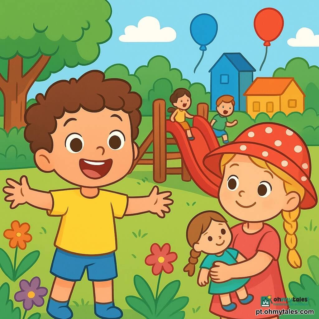 Um menino de 4 anos, Tomás, com cabelo castanho e cacheado, um grande sorriso encantado, está no centro da imagem, de braços abertos, pronto para explorar. Ele usa uma camiseta amarela brilhante e um short azul, com os olhos brilhando de excitação. Ao lado dele, uma menina de 4 anos, Ana, com um chapéu vermelho de bolinhas e cabelo loiro trançado, sorri alegremente segurando uma boneca nos braços. Ela está um pouco ao fundo, olhando para Tomás com admiração. O local é um parque colorido em Azulville, com árvores verdes exuberantes, flores multicoloridas e brinquedos de madeira. Ao fundo, há casas em tons vibrantes, azul, verde e amarelo, que adicionam um toque mágico à cena. A situação principal mostra Tomás e Ana brincando juntos em um grande escorregador, cercados por outras crianças se divertindo. A atmosfera é alegre e cheia de risos, com balões flutuando no céu azul, criando um ambiente festivo e amigável.