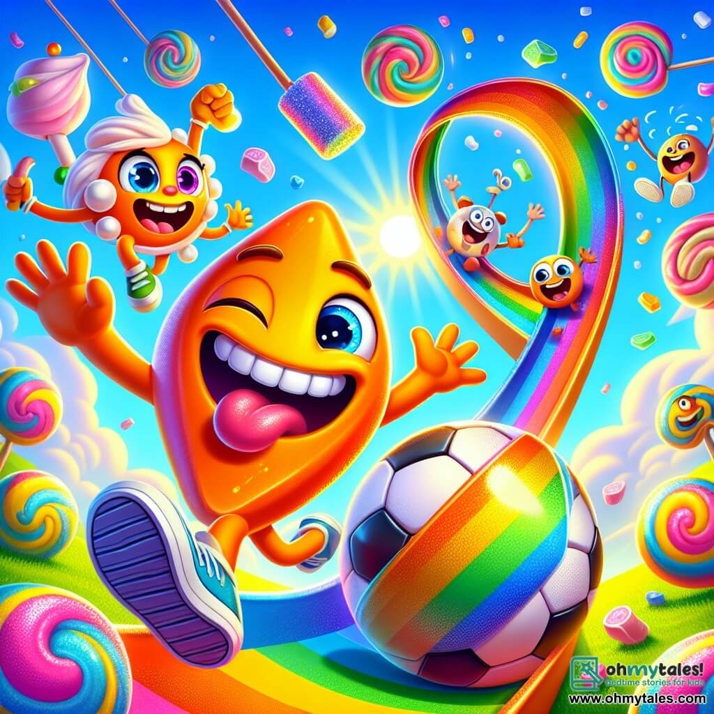 Benny the Boomerang, an orange boomerang with a mischievous smile, is joyfully sliding down a rainbow slide, arms outstretched and eyes sparkling with excitement. Next to him, Ella, an old soccer ball with colorful patterns, rolls with a big smile, its seams shimmering in the sun. Skip, a jump rope with bulging eyes, jumps while laughing, its smooth and energetic movements adding to the cheerful atmosphere. In the background, a bright blue sky is dotted with marshmallow-shaped clouds, while a crowd of silly creatures claps and laughs, creating a festive ambiance. The scene takes place in a magical park filled with vibrant colors, where candy trees and dancing flowers add a whimsical touch. The main focus shows Benny and his friends launching down the slide together, ready to dive into a world of laughter and absurd adventures.