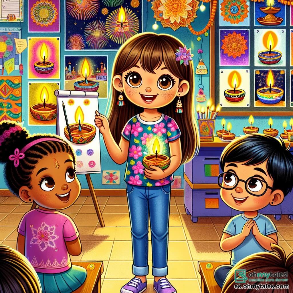 Ilustración que representa a una niña de 11 años, con largos cabellos castaños y ojos brillantes de curiosidad. Lleva una camiseta colorida con motivos florales y un pantalón de mezclilla. Está de pie, sonriendo, presentando dibujos de lámparas de aceite y fuegos artificiales a sus compañeros de clase. A su lado, un niño de 12 años, con cabello negro y gafas, escucha atentamente, sonriendo y sosteniendo un pequeño cuaderno para tomar notas. Otra niña de 10 años, con cabello rizado y piel caramelo, observa los dibujos con admiración, con los ojos brillantes de asombro. El lugar principal es un aula luminosa, decorada con dibujos coloridos de diferentes culturas. Carteles de países de todo el mundo adornan las paredes, y las mesas están cubiertas de platos tradicionales y decoraciones festivas. La situación principal muestra a la niña compartiendo con pasión sus conocimientos sobre el festival de Diwali, rodeada de sus compañeros que la escuchan con interés y curiosidad. Otros elementos gráficos incluyen lámparas de aceite brillantes, fuegos artificiales dibujados en el fondo y platos coloridos de dulces indios dispuestos sobre una mesa, creando una atmósfera festiva y alegre.