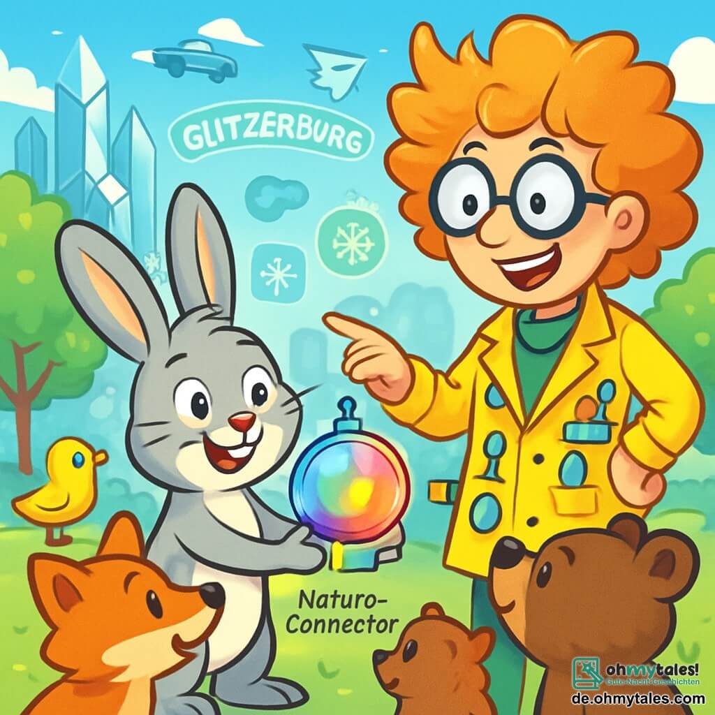 Ein kleiner Hase namens Felix mit großen Ohren und weichem grauem Fell steht im Mittelpunkt der Szene, seine Augen strahlen vor Aufregung und ein breites Lächeln ziert sein Gesicht. Er hält ein futuristisches Gadget in Form einer leuchtenden Kugel, die in lebhaften Farben funkelt. Neben ihm steht Madame Keks, eine Erfinderin mit zerzausten Haaren und runden Brillen, die einen bunten Laborkittel mit Gadgets trägt. Sie zeigt stolz das Gadget Felix. Im Hintergrund sieht man die Stadt Glitzerburg mit funkelnden Kristallgebäuden, fliegenden Autos, die am blauen Himmel gleiten, und Bäumen mit leuchtenden Blättern. Hologramme schweben umher und verleihen der Umgebung einen Hauch von Magie. Die Szene fängt den Moment ein, in dem Felix und Madame Keks den „Nature-Connector“ einer Gruppe neugieriger Tiere präsentieren, die um sie versammelt sind, bereit, diese neue Erfindung zu entdecken, die ihnen helfen wird, die Natur zu erkunden und zu spielen.