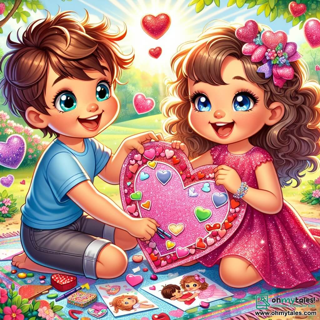A 6-year-old girl named Lily, with beautiful curly hair and sparkling eyes, is creating a large heart-shaped card. She wears a glittery pink dress that shines in the sun, and her smile radiates excitement. Next to her is Max, a 6-year-old boy with messy brown hair and a blue t-shirt, helping her decorate the card with heart-shaped stickers and colorful candies. They are sitting on a colorful patterned blanket in a sunny park, surrounded by blooming trees and floating heart-shaped balloons. The scene exudes happiness and friendship as they laugh together while adding final touches to their creation.