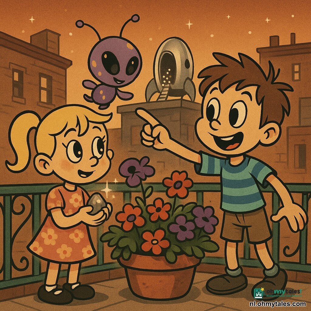 Drie personages: Lotte, 7 jaar, blonde twee staartjes, roze bloemjurk, nieuwsgierige ronde ogen, houdt een klein glinsterend zilverkleurig steentje, links op het balkon; Sem, 8 jaar, warrig kastanjebruin haar, blauw gestreept T‑shirt en kaki short, brede glimlach, rechts op het balkon wijst naar het dak; Zilpo, buitenaards wezentje, klein en rond paars met gele vlekken, twee dunne antennes en glinsterende amandelvormige ogen, zweeft licht tussen Lotte en Sem boven de bloempotjes. Locatie: een kleurrijk stadsbalkon bij schemering met groene ijzeren leuning, ronde bloempotten vol petunia’s en geraniums, donkere aarde zichtbaar, bakstenen gebouwen en een plat dak op de achtergrond, oranje lucht met de eerste sterren. Situatie: de kinderen helpen het buitenaardse wezentje zijn kleine zilveren raket terug te krijgen die op het dak staat; Lotte toont het glinsterende steentje, Sem wijst naar de raket en Zilpo kijkt naar de open raketluik waar kleine lichtbolletjes uitrollen; vrolijke sfeer, warme kleuren, afgeronde vormen, zachte schaduwen, gladde retro‑cartoontextuur.