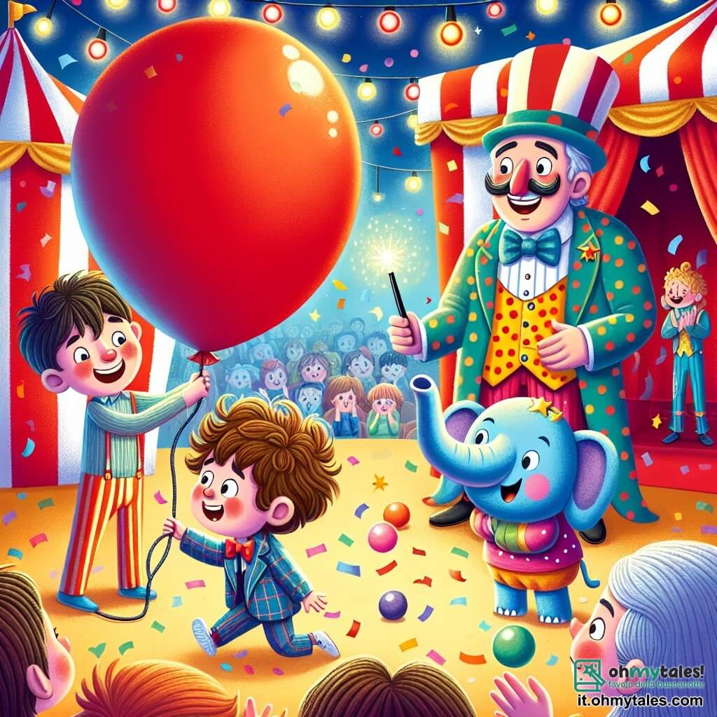 In un grande circo colorato, un ragazzo di 8 anni di nome Luca, con i capelli castani disordinati e un sorriso splendente, si trova al centro del palco, tenendo un grande pallone rosso. Alla sua destra, il mago Mistero, un uomo di circa 40 anni, indossa un costume a pois multicolori e un alto cappello a cilindro, con un'espressione maliziosa sul volto. A sinistra, un piccolo elefante blu, felice e birichino, fa un piccolo giro su una palla colorata, sollevando la proboscide in segno di saluto. Il circo è pieno di luci scintillanti, tende a strisce rosse e bianche e un pubblico meravigliato seduto su sedie colorate. I coriandoli fluttuano nell'aria, aggiungendo all'atmosfera festosa. La scena mostra Luca che soffia nel pallone, con uno sguardo incantato, mentre Mistero lo incoraggia con un gesto magico della sua bacchetta, e l'elefante che si diverte a giocolare con palline colorate, portando gioia e risate a tutti i bambini presenti.