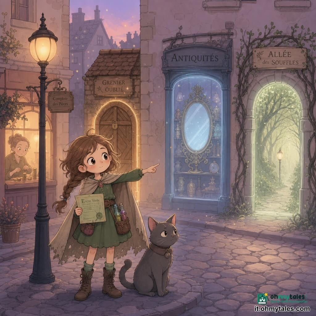 Una apprendista strega di circa 11 anni, viso tondo e grandi occhi nocciola curiosi e determinati, capelli castano chiaro in una treccia spettinata, veste corta verde con tasche piene di fiale e un mantello di lino logoro; tiene una lettera con inchiostro verde e indica dolcemente tre portali. Un gatto grigio serio con baffi dritti è seduto ai suoi piedi, attento e con un'orecchia alzata. La madre appare solo come sagoma sfocata dietro una finestra illuminata, intenta a contare monete. La scena è in una strada acciottolata di un piccolo villaggio al crepuscolo, lampioni rotondi dalla luce calda, facciate pastello leggermente screpolate e una sottile foschia che scintilla come polvere d'oro. L'apprendista sta davanti a tre porte allineate: una botola di soffitta di legno vecchia con lucchetto, la vetrina di un antiquario con un grande specchio inestimabile e il viale del parco le cui fronde formano un'arco — ciascuna illuminata da una tinta diversa (ambra, bluastra, verde pallido), atmosfera magica, dolce e invitante.