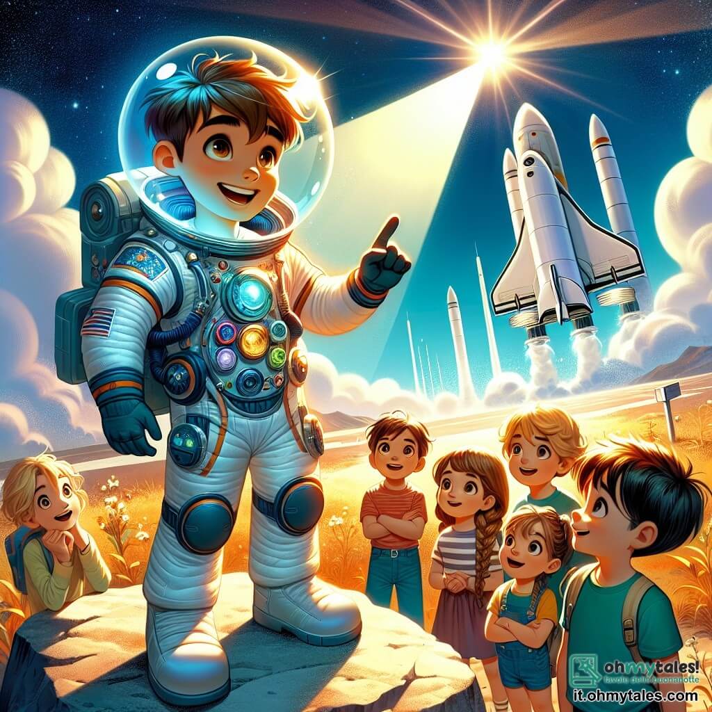 Un astronauta, Marco, è in piedi su una grande pietra, con un sorriso radioso. Indossa una tuta spaziale bianca decorata con colori vivaci e un casco trasparente. Accanto a lui, un gruppo di quattro bambini, due ragazzi e due ragazze, di circa 8-10 anni, lo ascoltano con meraviglia. Luca, un ragazzo con i capelli castani, alza la mano per fare una domanda, mentre Sara, una ragazza con due trecce bionde, guarda Marco con occhi spalancati. La scena è ambientata su una pista d'atterraggio soleggiata, circondata da nuvole bianche e un cielo blu. Sullo sfondo, il "Falco Stellato", il vascello spaziale di Marco, brilla al sole. Marco racconta le sue avventure nello spazio, catturando l'attenzione dei bambini con storie di viaggi interstellari e misteri cosmici, creando un'atmosfera magica e ispiratrice.
