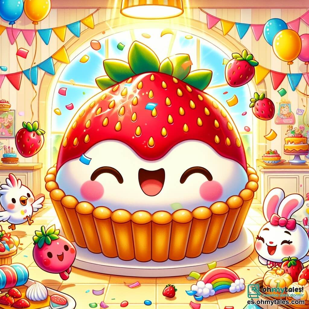 La Tarta de Fresa, una gran y deliciosa tarta de fresas, está en el centro de la escena, con una crema suave y fresas brillantes en la parte superior, mostrando una gran sonrisa alegre, rodeada de decoraciones coloridas. A su derecha, Pico, un pequeño pájaro de plumas multicolores, vuela en círculo con ojos chispeantes de emoción, lanzando confetis al aire. A su izquierda, Salta, un adorable conejito de grandes orejas y pelaje blanco, salta alegremente, sosteniendo una zanahoria con sus patas, con una sonrisa encantada en su rostro. La escena se desarrolla en una cocina soleada, llena de globos coloridos y serpentinas, con una gran mesa decorada de dulces y pasteles, bañada en una luz dorada que ilumina la atmósfera festiva. La situación principal muestra a la Tarta de Fresa celebrando su cumpleaños rodeada de sus amigos, cantando y bailando, mientras risas y alegría resuenan en el aire, creando un ambiente mágico y cálido.