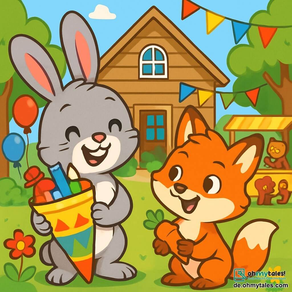 Max, ein kleiner Hase mit großen Ohren und weichem, grauem Fell, steht lächelnd im Mittelpunkt des Bildes und hält einen bunten Schulranzen voller Schulmaterialien. Neben ihm schaut Freddy, ein junger, leuchtend roter Fuchs mit funkelnden Augen, begeistert auf den Hasen und hält ein kleines Karotten-Spielzeug in seinen Pfoten. Die Szenerie ist eine rustikale Holzschule, umgeben von grünen Bäumen und bunten Blumen, mit schwebenden Ballons und festlichen Girlanden an den Fenstern. Im Hintergrund haben andere Tiere, wie Bären und Eichhörnchen, Spaß an einem Spielstand. Max und Freddy lachen zusammen und sind bereit, an einem großen Spiel teilzunehmen, umgeben von einer festlichen und fröhlichen Atmosphäre, die den Beginn eines neuen schulischen Abenteuers symbolisiert.