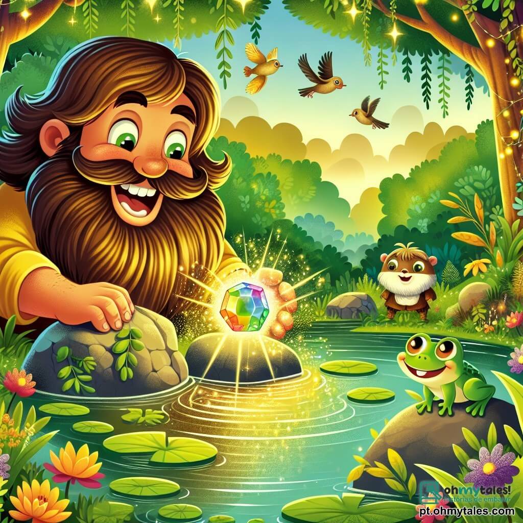 Um gigante amigável chamado Tiago, com uma grande barba marrom e olhos brilhantes de alegria, está à beira de um pântano verdejante. Ele sorri amplamente, mostrando seus dentes perfeitos, enquanto estende a mão para uma pedra brilhante que cintila em cores vivas. Ao seu lado, um jovem sapo chamado Pedro, com olhos redondos e verdes, salta alegremente, suas pequenas patas palmadas se elevando no ar. Um coelho chamado Lucas, com pelagem macia e orelhas longas, observa com curiosidade, sentado em uma pedra perto da água. O pântano está cheio de plantas luxuriantes, flores coloridas e reflexos dourados na água calma. Pássaros de penas brilhantes voam acima, adicionando vida a essa paisagem encantadora. A cena principal mostra Tiago e Pedro usando a pedra mágica para limpar o pântano, iluminando o lugar com uma luz suave e calorosa, enquanto Lucas aplaude entusiasticamente, criando uma atmosfera de camaradagem e magia.