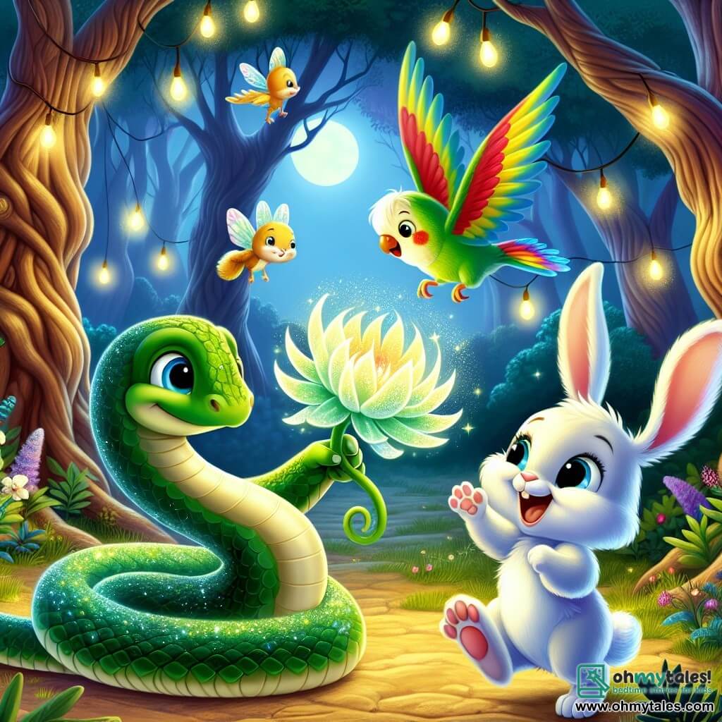 A little snake named Sammy, with shimmering emerald green scales, expresses great joy and curiosity as he approaches a beautiful magical flower glowing under the full moonlight. Next to him, a young rabbit named Leo, with large ears and white fur, jumps with joy, his eyes sparkling with excitement. A little higher in the air, a colorful parakeet named Rosie, with bright red, blue, and yellow feathers, flies in circles, encouraging her friends with a beaming smile. The scene takes place in an enchanted clearing, surrounded by tall, gnarled trees, where fireflies dance like shooting stars, illuminating the landscape with a soft golden light. In the center of this clearing, Sammy, Leo, and Rosie discover the magical flower, its shimmering and delicate petals swaying gently in the night breeze, as they share a moment of pure wonder and friendship.
