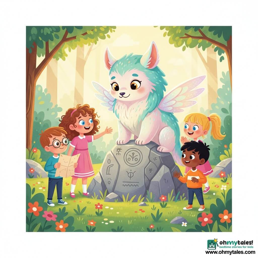 Six-year-old Lily, radiant and wide-eyed with curly brown hair and bright blue eyes, reaches toward a magical guardian creature; beside her, six-year-old Max, with short chestnut hair and round glasses, holds an ancient map, six-year-old Emma, blonde in pigtails, claps slightly behind Lily to the right, and seven-year-old Sam, confident with black hair, stands slightly right in front of the stone to protect his friends; the guardian is large with pearlescent turquoise iridescent fur, soft amber eyes, rounded paws and small folded sparkling wings, standing benevolently in a sunlit clearing carpeted with colorful flowers and saturated green grass around a large gray rock carved with ancient symbols, sunbeams filtering through the trees, capturing the moment the children, amazed, surround the stone as Lily reaches out and the creature responds with warm light in a simple, readable, magical scene with vivid flat colors and soft outlines.