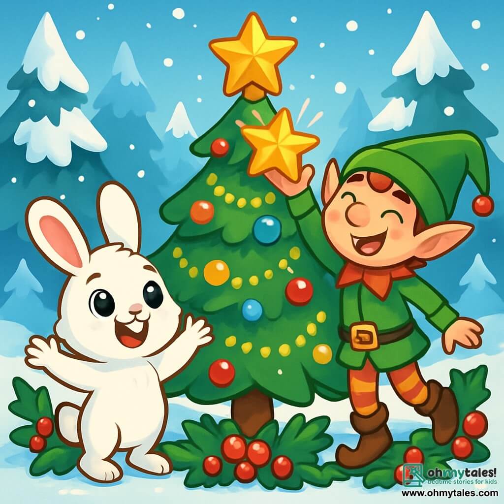 A small white rabbit named Benny, with big bright eyes and a joyful smile, stands in front of a beautiful decorated Christmas tree, his paws raised in the air, amazed by the beauty of the sparkling ornaments. Next to him, a mischievous elf named Elwin, wearing a red and green pointed hat, rosy cheeks, and a cheeky look, laughs while holding a shiny star he just placed on top of the tree. The setting is an enchanted clearing in the Whispering Woods, surrounded by tall snow-covered firs, with snowflakes gently falling from the light blue sky. The main scene shows Benny and Elwin, surrounded by garlands of holly and sparkling berries, celebrating the magic of Christmas together, their laughter echoing in the fresh festive air.