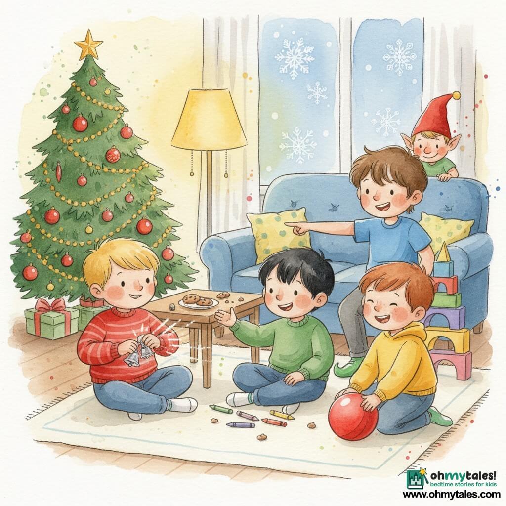 Five characters: four boys—Max (5), blond with a red striped sweater, sitting left touching his pocket with a small shiny bell; Leo (6), tousled brown hair, blue t‑shirt, behind a block tower on the right, smiling and pointing; Sam (5), black hair, green sweater, center with scattered crayons reaching for the bell; Ben (5), brown hair, yellow sweatshirt, crouched by a red ball, laughing; and a mischievous male elf, small with a red pointed hat, shiny green shoes and freckled face, leaning behind the couch in the background slipping a small silver bell into Max’s pocket. Interior cozy Christmas living room: cream rug, blue sofa, decorated tree left with red baubles and gold garlands, snowy window, warm yellow lamp light, cookie crumbs on a small table. Main scene: a playful elf slips a shiny bell into a boy’s pocket while the other children laugh and point; the bell is shown in motion with motion lines and watercolor splashes to convey joy and a light “jingle”.