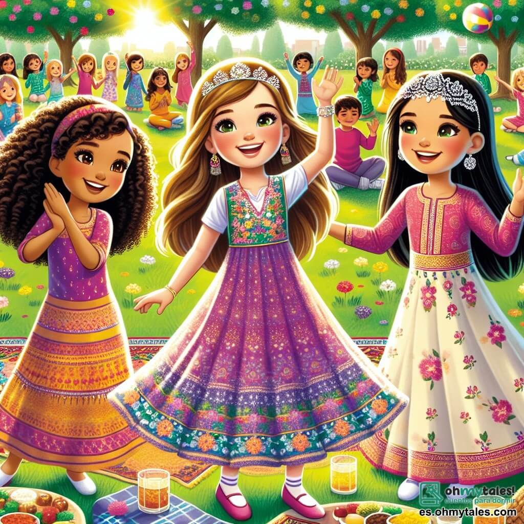 Tres chicas están reunidas en un parque soleado. Sofía, una niña de 10 años con cabello rizado y piel clara, lleva un vestido colorido y sonríe alegremente, sosteniendo una pelota. A su derecha, Clara, una niña de 9 años con una diadema brillante y cabello liso, tiene piel oliva y usa una camiseta con estampados, aplaudiendo con entusiasmo. A la izquierda, Amira, una niña de 11 años con cabello largo y liso, tiene piel marrón y lleva un vestido tradicional colorido, bailando con gracia, con los brazos levantados hacia el cielo. El parque está lleno de flores coloridas, árboles verdes y risas de niños. Al fondo, niños de diferentes orígenes se reúnen alrededor de un gran mantel con platos típicos de varios países, creando una atmósfera de fiesta y convivencia. La escena muestra a las tres amigas celebrando la diversidad a través de la danza y el juego, rodeadas de otros niños que se divierten y descubren las culturas de los demás, simbolizando la unidad y la amistad en la diferencia.