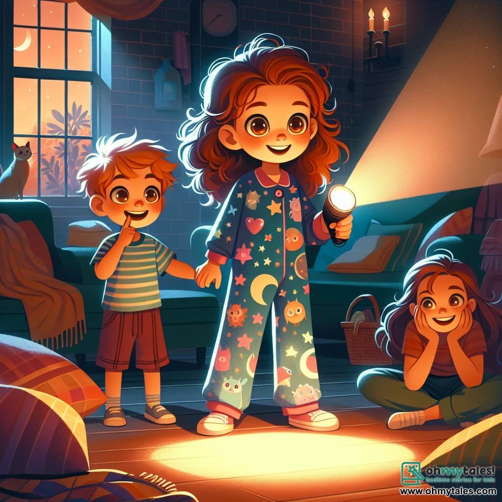 A 9-year-old girl named Lily stands in the center of the scene, her big brown eyes shining with curiosity and excitement as she holds a small flashlight illuminating her face. She has curly brown hair tied in two little pigtails and wears a colorful pajama with stars and moons, symbolizing her love for the night. Next to her, her 12-year-old brother Max is pointing the flashlight at the ceiling, his face beaming with joy. He has messy blonde hair and wears a striped t-shirt and shorts. Their mother, a smiling woman in her thirties, stands a bit back, surrounded by blankets and cushions, with an encouraging look, ready to support them in their nighttime adventure. The scene takes place in a cozy living room filled with soft lights, colorful cushions, and blankets scattered on the floor. Shadows dance on the walls, creating a mysterious yet welcoming atmosphere, while a window lets in moonlight, adding a magical touch. Lily and Max, armed with their flashlight, are ready to explore the mysteries of the night, turning their fear into an exciting adventure through the shadows of the living room.