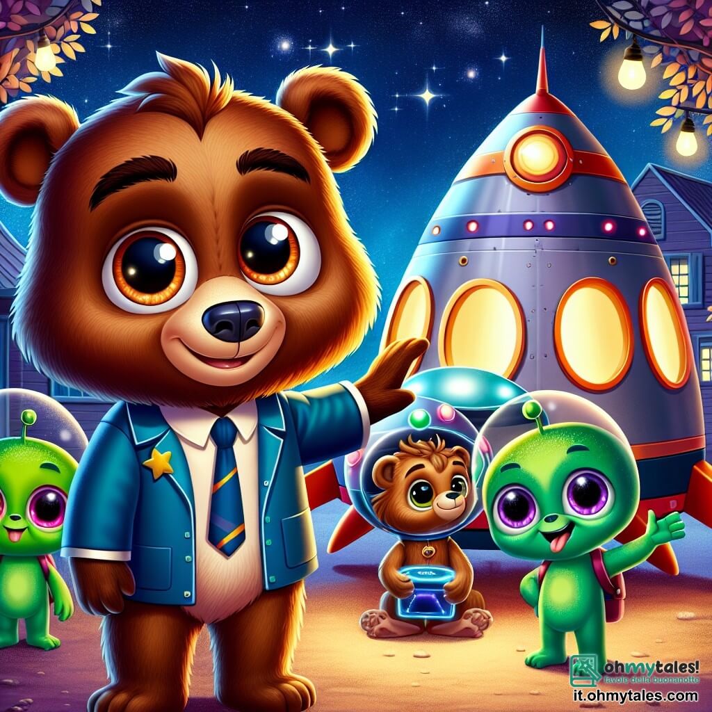 Un giovane orso di nome Bruno, con un pelliccia marrone lucente e occhi scintillanti di eccitazione, si trova al centro dell'immagine, sorridendo mentre scopre un'astronave colorata. Al suo fianco, un extraterrestre verde con tre braccia e grandi occhi rotondi guarda Bruno con un sorriso amichevole, invitandolo a entrare nell'astronave. Un altro extraterrestre, più piccolo e blu, si avvicina con una piccola scatola luminosa, mostrando un'espressione di orgoglio ed entusiasmo. La scena si svolge in un laboratorio di astronomia ai margini di un bosco incantato, con stelle scintillanti nel cielo notturno e alberi dalle foglie luminescenti che circondano l'edificio. Bruno, meravigliato, è pronto a salire a bordo dell'astronave per un'avventura intergalattica, mentre gli extraterrestri lo incoraggiano con gesti gioiosi, creando un'atmosfera di amicizia e eccitazione.