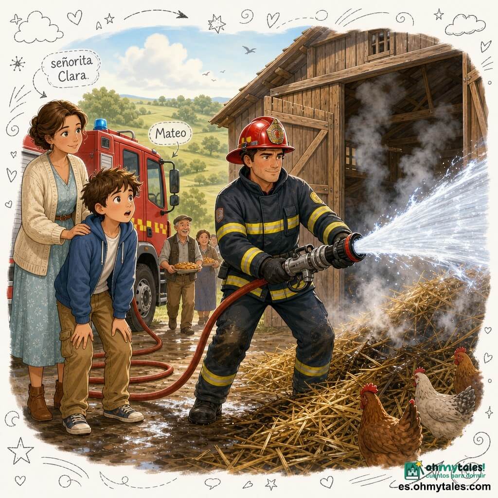 Un bombero de unos treinta años, rostro cuadrado, casco rojo brillante, mirada concentrada y boca decidida, sostiene una gran manguera que rocía agua sobre paja aún humeante; un niño de 9 años, Mateo, pelo castaño despeinado y ojos curiosos, está junto al camión con las manos en las rodillas, asombrado y algo inquieto; la señorita Clara, treintañera con vestido sencillo y chal claro, se mantiene un poco atrás con la mano en el hombro de Mateo, sonriente y atenta; lugar: gran granero de madera detrás de una colina, puertas semiabiertas, paja dorada y humo gris elevándose, camión de bomberos rojo en un camino de tierra embarrado; situación: extinción de un pequeño incendio de granero por la mañana, chorros de agua brillantes formando arcos y humo que se atenúa, manguera enrollada brillante en el camión, ambiente a la vez tenso y tranquilizador.