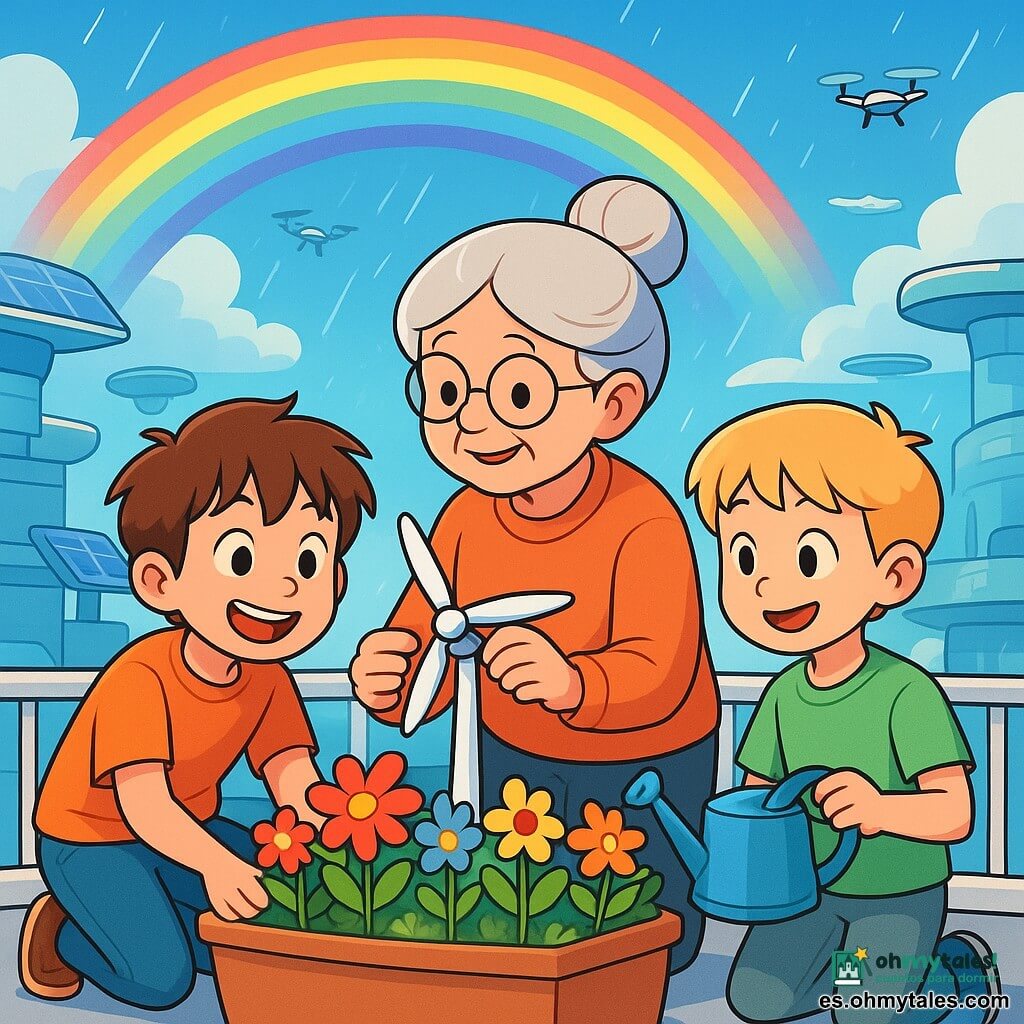 Un niño de 10 años, Leo, con cabello castaño desordenado y ojos llenos de curiosidad, está agachado frente a una jardinera llena de flores coloridas, con una gran sonrisa iluminando su rostro. A su lado, la anciana Mila, de unos 70 años, con cabello gris recogido y gafas redondas, ajusta un pequeño generador eólico, sonriendo cálidamente a Leo. Otro niño, Pau, de 8 años, con cabello rubio y una camiseta verde, sostiene un pequeño regador, observando las flores con asombro. La escena tiene lugar en un balcón común de una ciudad futurista flotante, rodeada de nubes esponjosas y plataformas brillantes, con paneles solares centelleantes y drones volando a lo lejos. Leo y sus amigos celebran la floración de sus flores, maravillados por los colores vivos que contrastan con el cielo azul, mientras una ligera lluvia comienza a caer, creando un arcoíris sobre ellos.