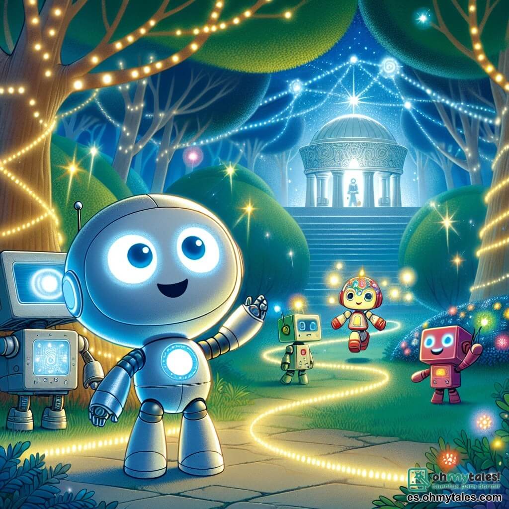 Un pequeño robot llamado Zippy, con un brillante cuerpo plateado y grandes ojos curiosos, se encuentra en el centro de un jardín futurista, deslumbrado por la belleza que lo rodea. Sonríe con asombro, con los brazos levantados en señal de alegría, mientras una luz suave ilumina su rostro. A su lado, Robo, un robot más grande con brazos articulados y una cabeza en forma de cubo, toma fotos con una cámara integrada, mostrando una expresión de emoción. Chispa, un pequeño robot de colores vivos y ojos chispeantes, baila a su alrededor, riendo de felicidad. El jardín es un lugar encantador, lleno de árboles luminosos con hojas brillantes y flores multicolores que resplandecen como estrellas. Caminos sinuosos de luz cruzan el jardín, conduciendo a un antiguo templo cubierto de símbolos misteriosos, emitiendo un resplandor suave y tranquilizador. La situación principal muestra a Zippy y sus amigos descubriendo este jardín secreto, maravillados por la magia de su entorno, listos para compartir su increíble descubrimiento con el mundo.