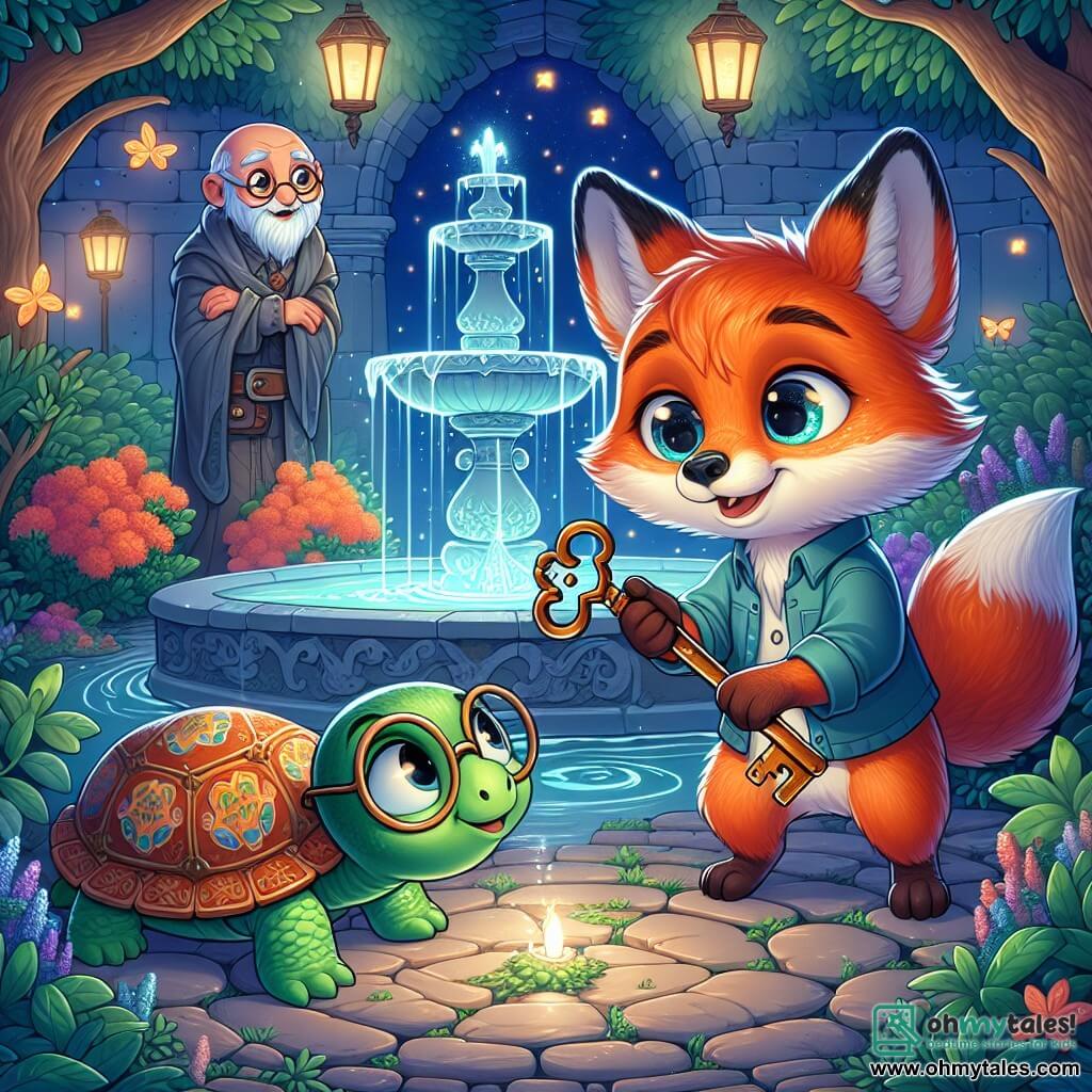 A small orange fox named Felix, with shiny fur and sparkling curious eyes, stands in front of a magical fountain in a secret garden. He smiles in wonder, holding a rusty key in his paw. Beside him is a wise old turtle named Tully, with a shell adorned with colorful patterns and round glasses, looking at Felix with a kind smile and excited eyes. The garden is filled with vibrant flowers and shimmering fireflies in the air, while a soft blue light emanates from the ancient fountain, surrounded by mossy stones. In this scene, Felix inserts the key into the fountain, ready to uncover the mystery hidden within, as Tully encourages him with an anticipatory look.