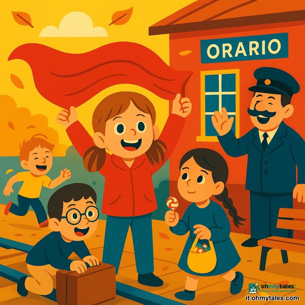 Una bambina di 8 anni, sorridente e birichina, capelli castano chiaro in coppie, tiene al centro un grande foulard rosso ritrovato; Marco, 9 anni, capelli bruni corti e occhiali rotondi, accovacciato a sinistra ride facendo il rumore del treno; Vera, 8 anni, capelli scuri in treccia con la tasca piena di caramelle, tiene una caramella e guarda il foulard a destra; Leo, 7 anni, biondo spettinato, corre sullo sfondo con ciambelle; il capostazione Cesare, uomo sulla cinquantina con cappello esagerato e baffo rotondo, saluta ridendo vicino a un vecchio sportello; luogo: piccola stazione di paese colorata con marciapiede di legno e binari lucenti; atmosfera festosa e comica, colori vivaci, forme semplici e movimento dinamico.