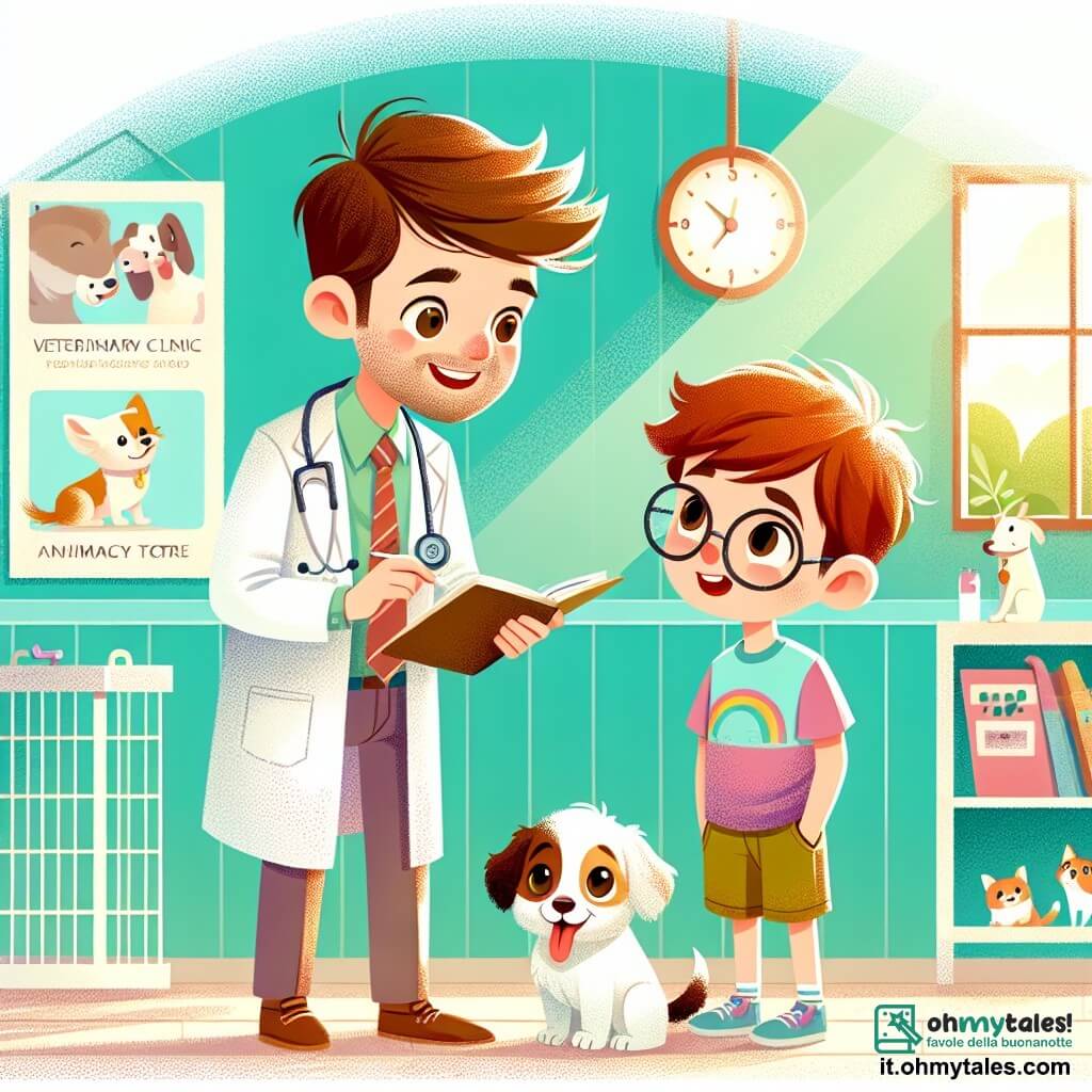 Un veterinario uomo, il dottor Lorenzo Benedetti, è al centro dell'immagine. Ha capelli castani leggermente arruffati, occhi dolci e un sorriso caloroso. Indossa un camice bianco e tiene uno stetoscopio, guardando con benevolenza un piccolo cane dagli occhi brillanti davanti a lui. Accanto a lui, un ragazzo di 10 anni di nome Marco, con capelli castani e occhiali rotondi, osserva con fascinazione. Indossa una maglietta colorata e pantaloni corti, e tiene un piccolo libro sui cura degli animali, con gli occhi brillanti di ammirazione. Il contesto è una clinica veterinaria luminosa e accogliente, con pareti dipinte di verde pastello, manifesti educativi sugli animali appesi e giocattoli per animali sparsi sul pavimento. Una finestra lascia entrare la luce del sole, illuminando la stanza. La situazione principale mostra Lorenzo che spiega a Marco come prendersi cura degli animali, mentre il piccolo cane agita la coda, creando un'atmosfera gioiosa e calorosa, piena d'amore per gli animali.