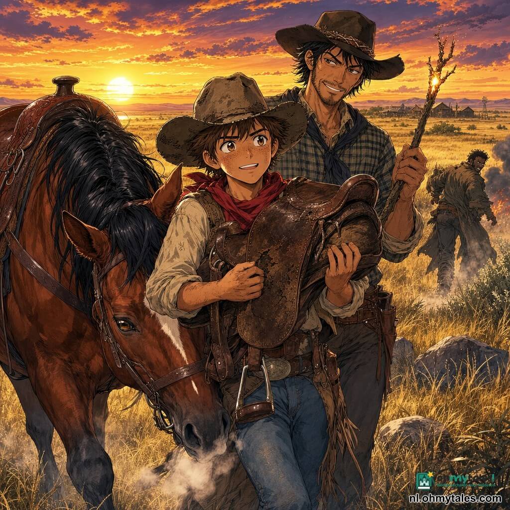 Een jongen (~16) met rond, zongevlekt gezicht en kort bruin haar onder een versleten cowboyhoed, vastberaden maar opgelucht, houdt een oude gebarsten lederen zadel tegen zijn borst terwijl hij van zijn paard afstapt. Een volwassen man (Cowboy Slim, ~35), lang en slank met beginnende baard en guitige glimlach, in geruit overhemd houdt een gloeiende tak en staat beschermend achter de jongen. Een alezane merrie/ruin genaamd Blaze, gespierd met zwarte manen, staat links van de jongen gezadeld en legt haar hoofd tegen zijn been. Twee stroperachtige mannen (30–40) op de achtergrond, ruwe silhouetten, wijken terug tussen rokende struiken. Locatie: uitgestrekte gouden prairie bij zonsondergang met wuivend hoog gras, enkele rotsen, een klein kamp met rook en smeulende kolen rechts en een houten ranch in de verte. Hoofdscene: gespannen maar opgeloste sfeer — de jongen heeft het familiezadel terug; warme, kleurrijke oranje-paarse lucht, opwaaiend stof door hoefgetrappel, duidelijke emoties. Stijl: zachte manga-lijnen, verzadigde kleuren, zichtbare texturen van leer, stof en manen, gecentreerde compositie in middellang shot.