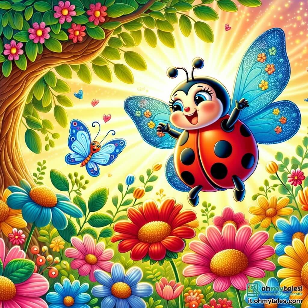Una coccinella gioiosa di nome Giggly, con un corpo rosso vivo punteggiato di piccoli punti neri, danza entusiasta tra fiori colorati, i suoi occhi brillano di felicità. Accanto a lei, una farfalla blu di nome Luce, con ali delicate e brillanti, vola graziosamente sorridendo, pronta ad aiutare l'amica. Sullo sfondo, un grande albero saggio con foglie verdi lussureggianti e un tronco nodoso si erge maestoso, mentre fiori dai colori vivaci sbocciano intorno a loro. La scena si svolge in un giardino incantato, illuminato da una luce dorata, dove la magia aleggia nell'aria. Giggly e Luce si preparano a partire per un'avventura alla ricerca del Fiore della Gioia, simbolo di speranza e felicità, in un ambiente vibrante e pieno di vita.