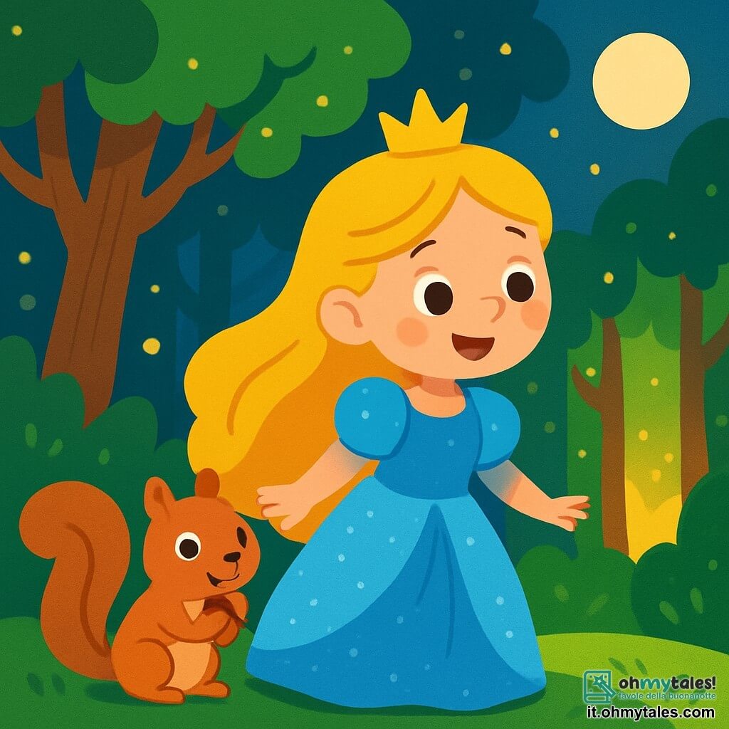 Una principessa dai lunghi capelli dorati, vestita con un abito blu scintillante, si trova ai margini di una foresta incantata, con gli occhi spalancati per meraviglia. Sorride curiosa, con le guance rosa illuminate dalla luce della luna. Accanto a lei, un piccolo scoiattolo dagli occhi vivaci, curioso e birichino, la osserva mentre sgranocchia una nocciola. Sullo sfondo, la foresta è piena di alberi maestosi con foglie verdi brillanti, illuminati da lucciole danzanti che creano un'atmosfera magica. La principessa si prepara ad avvicinarsi a una luce misteriosa che brilla tra i tronchi degli alberi, piena di eccitazione e anticipazione per l'avventura che l'attende.