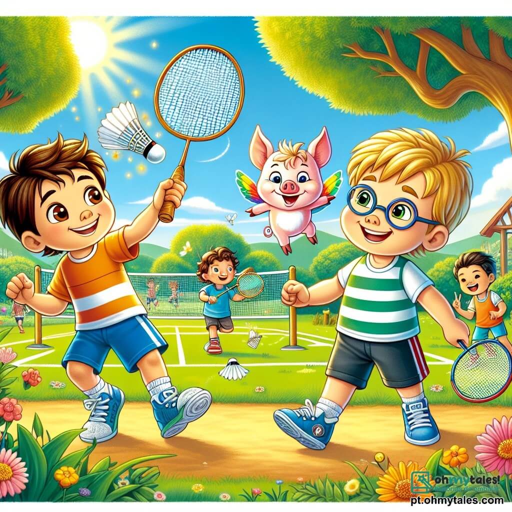 Em um parque ensolarado, um garoto de 10 anos chamado Lucas, com cabelos castanhos e olhos brilhantes, segura uma raquete de badminton com um grande sorriso no rosto. Ao seu lado, seu amigo Pedro, um garoto de cabelos loiros e óculos, o incentiva entusiasticamente, levantando os braços. Mais adiante, um travesso porquinho de 8 anos chamado Zippy, um pequeno porquinho rosa com asas coloridas, voa alegremente ao redor deles, acrescentando um toque mágico à cena. O parque está cheio de verde, com árvores majestosas e flores coloridas dançando ao vento. Ao fundo, outras crianças jogam badminton, criando uma atmosfera alegre e animada. A cena principal mostra Lucas e Pedro treinando juntos, trocando golpes de raquete com uma peteca que voa pelo ar, enquanto Zippy os incentiva com piruetas e risadas, ilustrando o espírito de equipe e camaradagem.