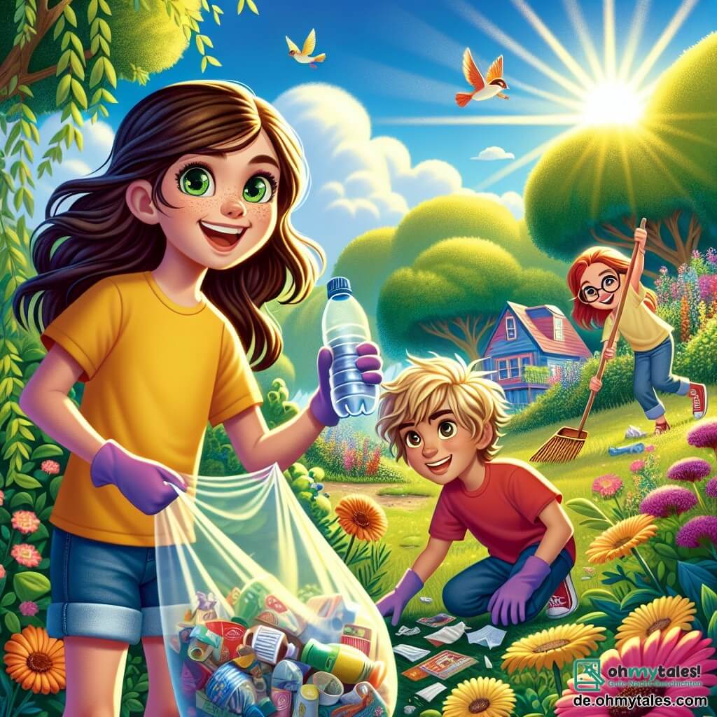 Ein 10-jähriges Mädchen, Mia, mit langen braunen Haaren und strahlend grünen Augen, lächelt fröhlich, während sie im sonnigen Garten Müll aufhebt. Sie trägt ein leuchtend gelbes T-Shirt und eine Jeansshorts und hält einen großen Plastikbeutel voller recycelbarer Abfälle. Neben ihr hebt ihr Freund Max, ein 9-jähriger Junge mit zerzausten blonden Haaren und einem blauen T-Shirt, konzentriert eine Plastikflasche an, bereit, sie in den richtigen Container zu werfen. Leni, ein 10-jähriges Mädchen mit roten Haaren und runden Brillen, kniet neben einer Blume und hebt Papierstücke auf, mit einem begeisterten Lächeln im Gesicht. Der Garten ist voller bunter Blumen, großer grüner Bäume, und Vögel singen fröhlich in den Ästen. Der Himmel ist strahlend blau, mit einigen flauschigen weißen Wolken. Die Szene zeigt Mia und ihre Freunde in Aktion, entschlossen, ihren Garten zu reinigen und die Natur zu schützen, mit Lachen und einer Atmosphäre von Kameradschaft, die die Bedeutung von Ökologie und Teamarbeit veranschaulicht.