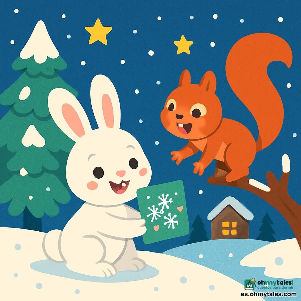 Un pequeño conejo blanco llamado Nube, con orejas suaves y ojos brillantes de alegría, está sentado sobre una alfombra de nieve brillante. Sostiene una tarjeta de Navidad decorada con copos de nieve y pequeños corazones, su rostro irradia emoción y ternura. A su lado, una pequeña ardilla roja llamada Lila, con una cola esponjosa y ojos chispeantes de sorpresa, mira la tarjeta con una gran sonrisa. Está posada en una rama de árbol, con las patas delanteras extendidas hacia Nube, llena de entusiasmo. El decorado es un paisaje invernal pacífico, con abetos cubiertos de nieve, estrellas brillantes en el cielo nocturno y una suave luz dorada que emana de una pequeña casa de madera a lo lejos. La escena muestra a Nube ofreciendo la tarjeta a Lila, rodeados de copos de nieve que caen suavemente, creando una atmósfera mágica y cálida de Navidad.